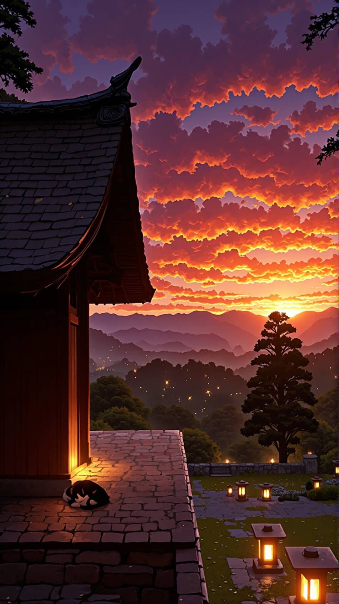 Traditional asian pavilion against a breathtaking, fiery sunset, viewed from a moss-covered stone terrace.