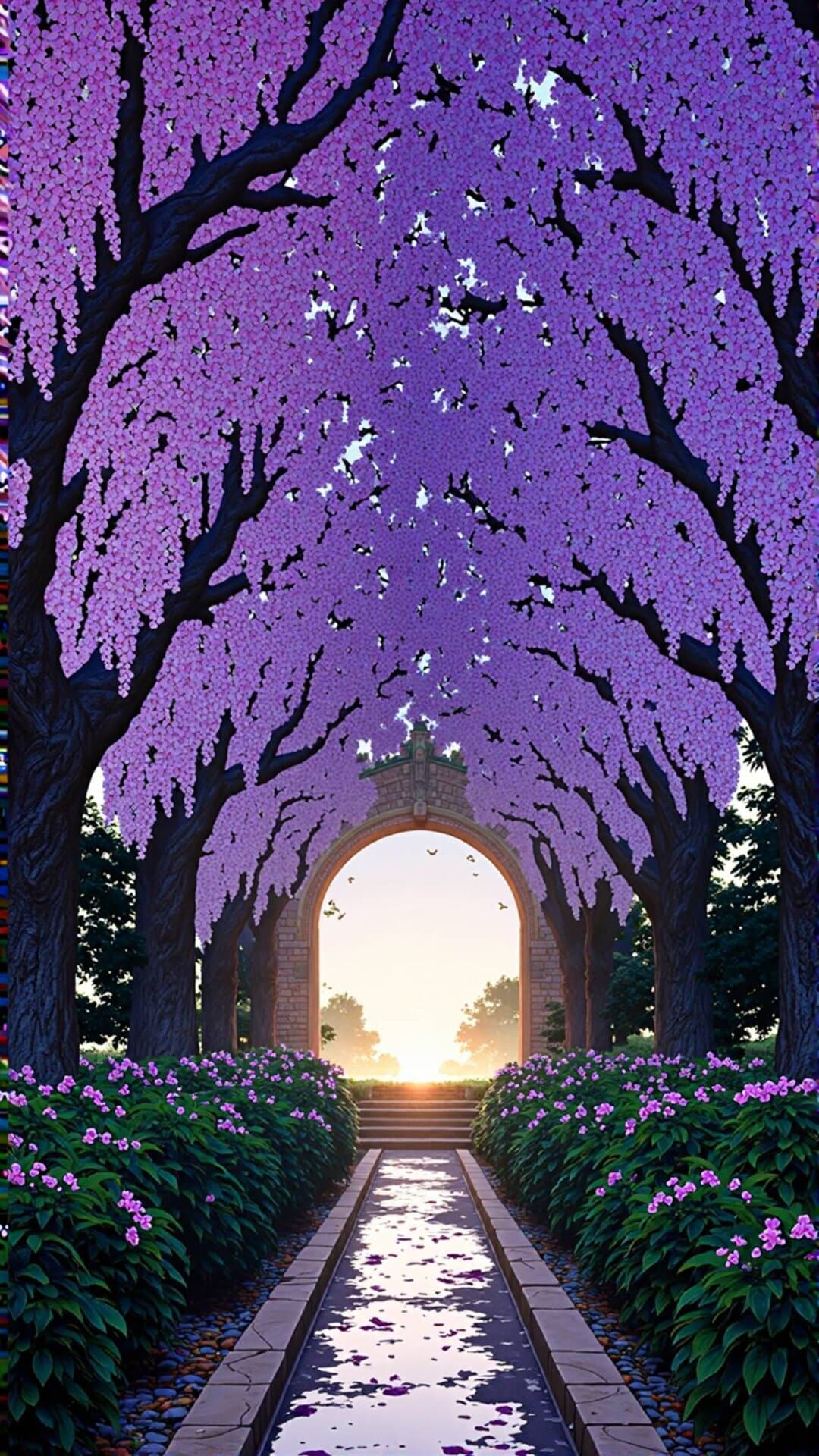 A vibrant, ethereal pathway under a canopy of blooming purple cherry blossoms at sunset.