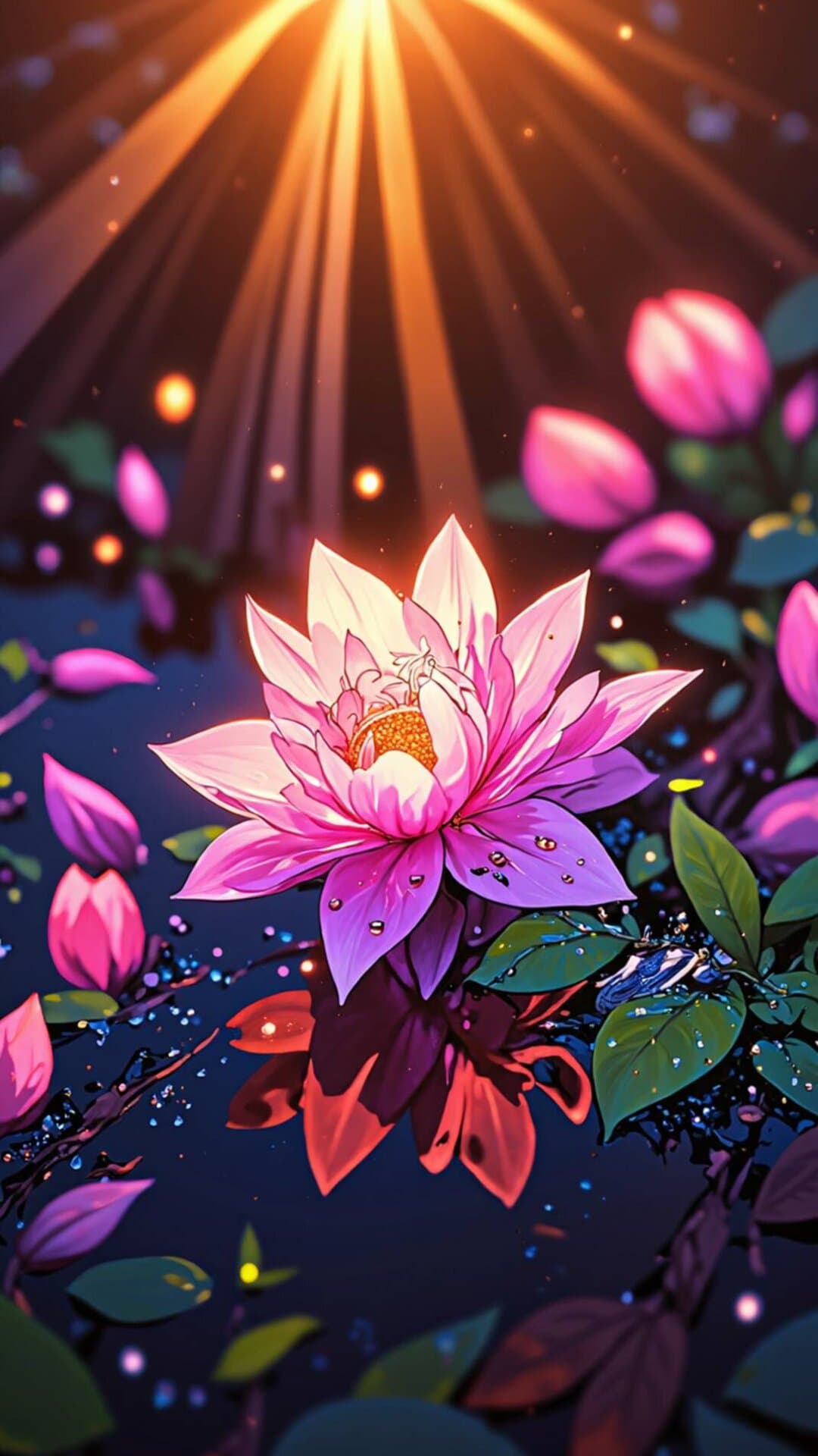 A vibrant, richly colored depiction of a glowing pink lotus flower bathed in dramatic golden sunlight, surrounded by deep foliage.