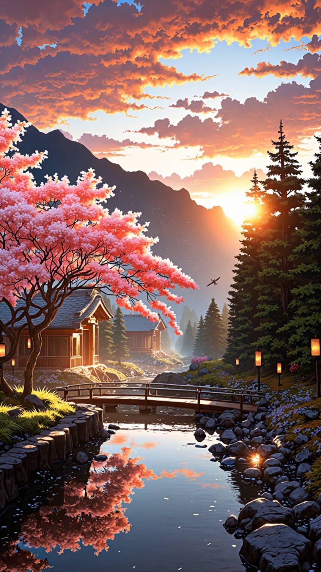 Idyllic spring village scene with cherry blossoms, a calm river, and a vibrant sunset backdrop.