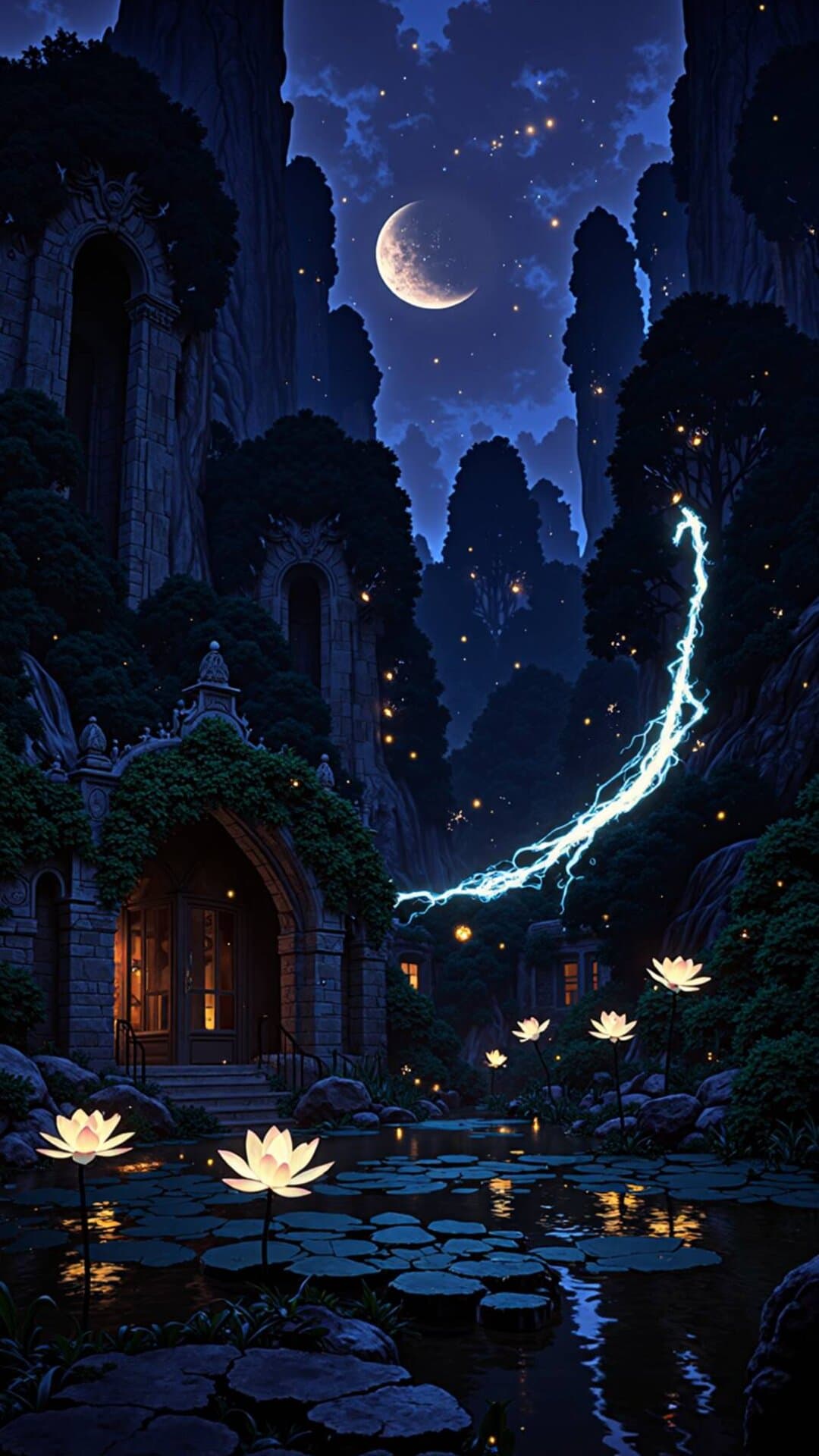 A breathtaking, detailed view of an ancient temple and tranquil pond under a glowing crescent moon, featuring magical lightning and glowing lotuses.