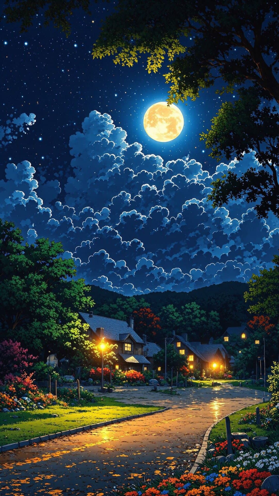 A stunning cinematic scene of a peaceful village under a luminous full moon and dramatic starry sky.