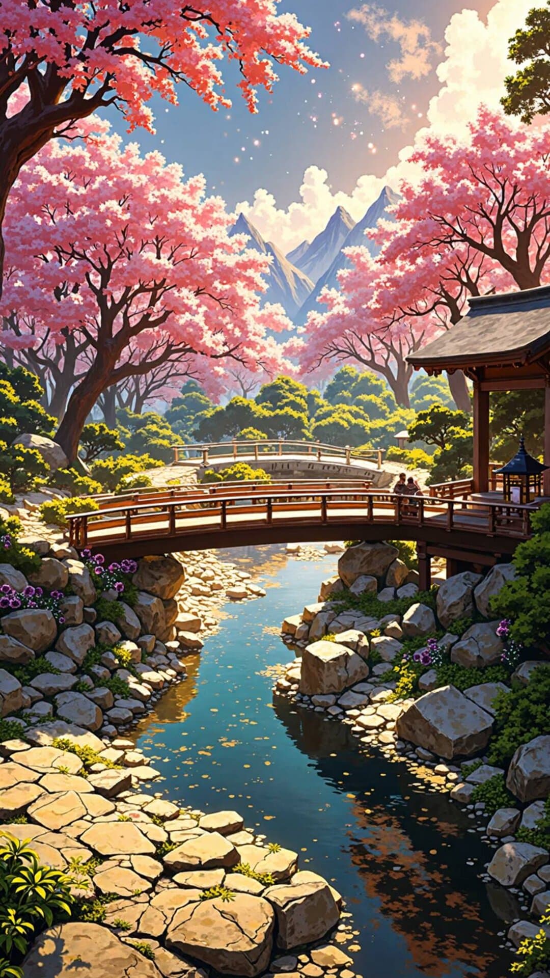A vibrant, cinematic Japanese scene featuring a wooden bridge over a tranquil river, framed by massive cherry blossom trees under a bright sky.