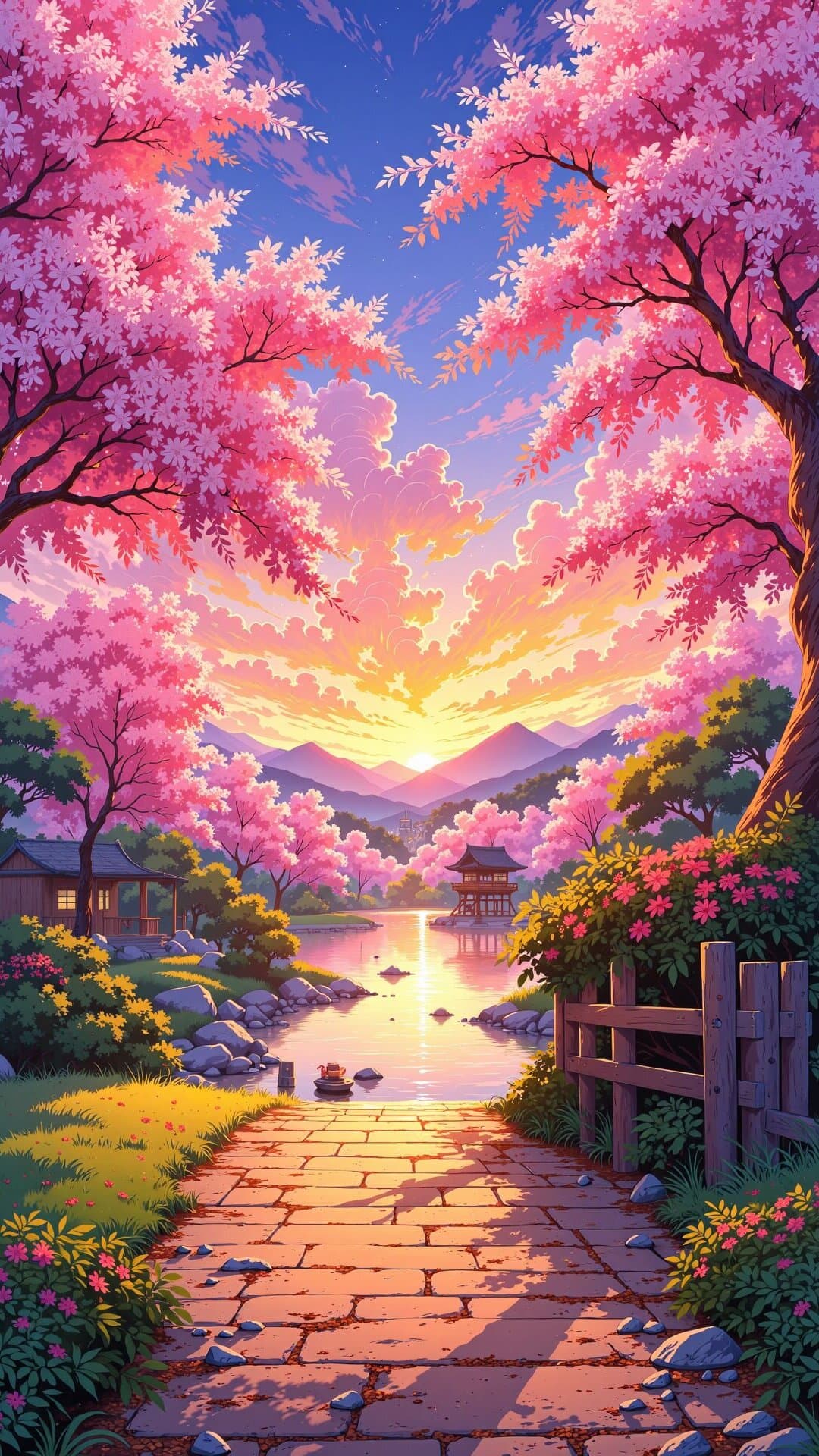 Vibrant cinematic anime style illustration of a cherry blossom-lined canal at sunset.