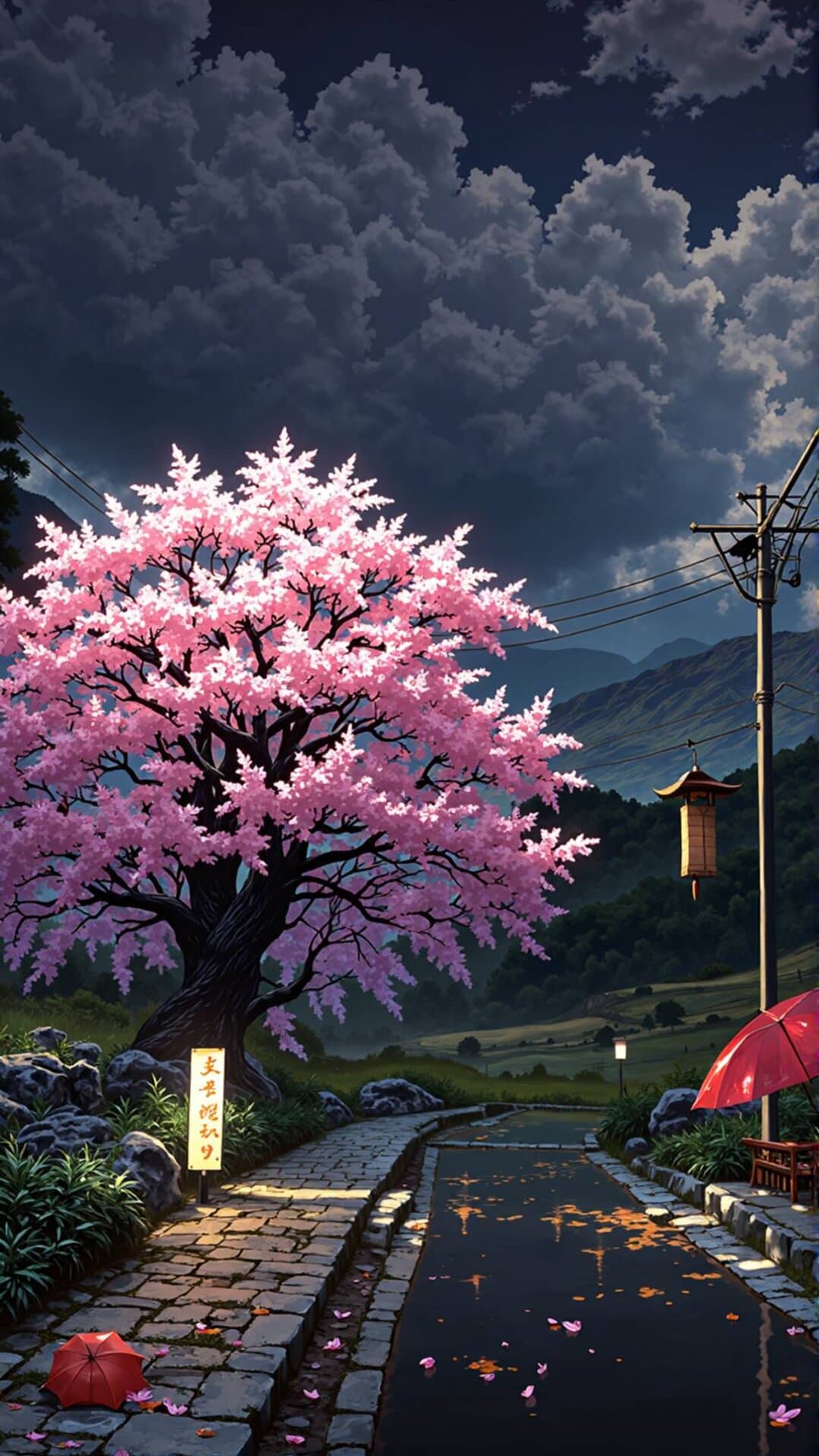 A vibrant Japanese spring scene with an enormous cherry blossom tree overlooking a canal under dramatic, cloudy skies.