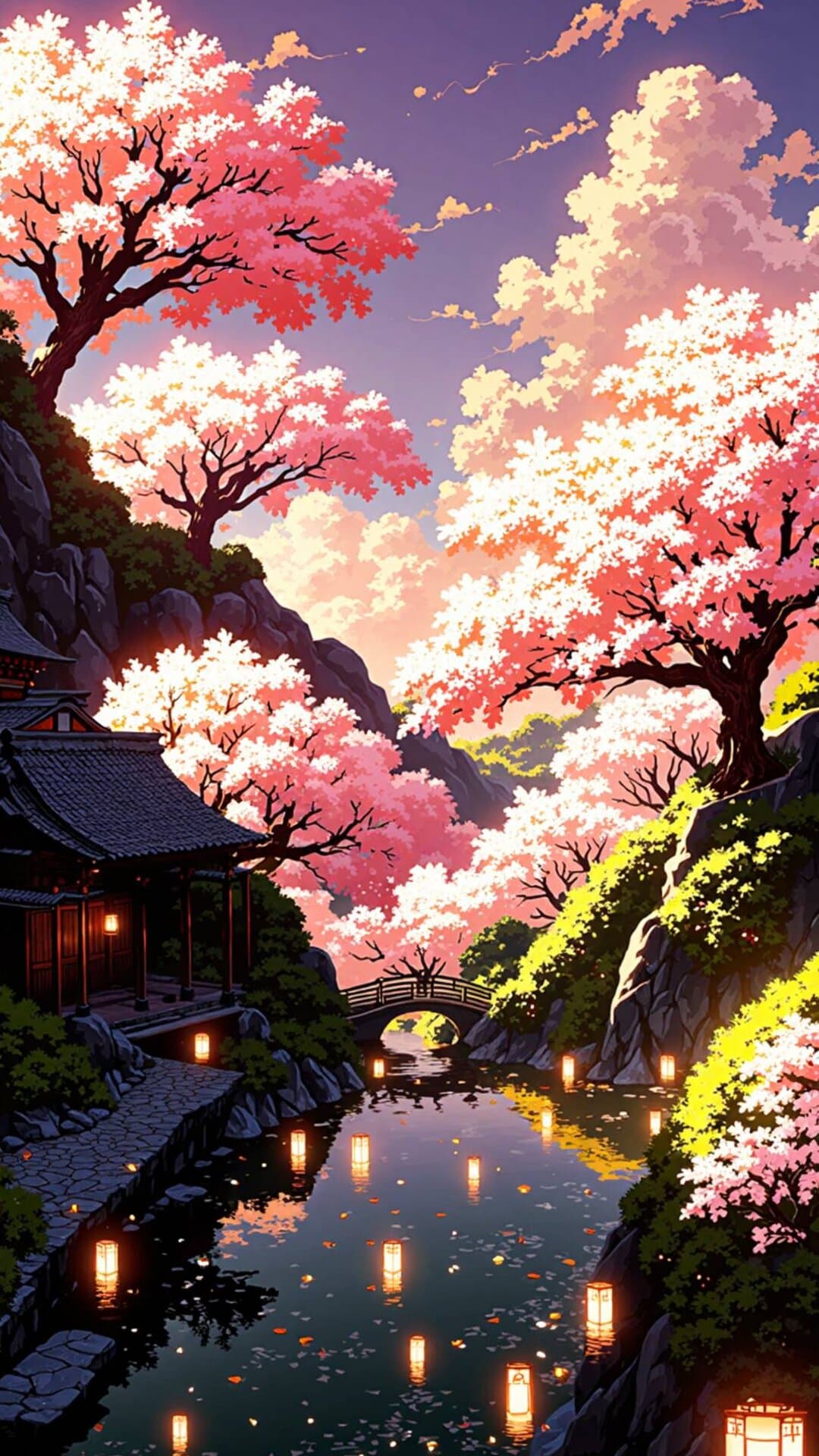 Vibrant anime-style illustration of a peaceful canal surrounded by blooming cherry blossom trees during golden hour.