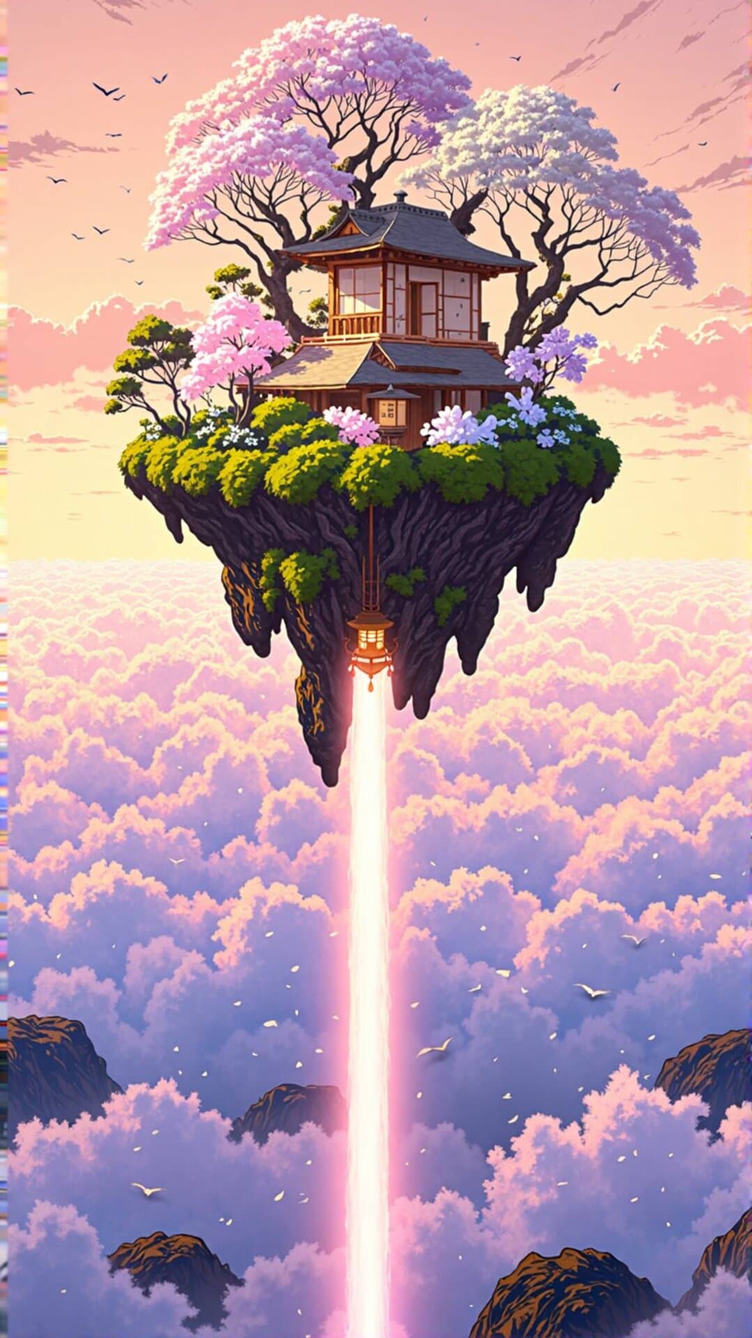 A whimsical, serene illustration of a floating island with cherry blossoms and a pagoda, descending in a glowing beam.