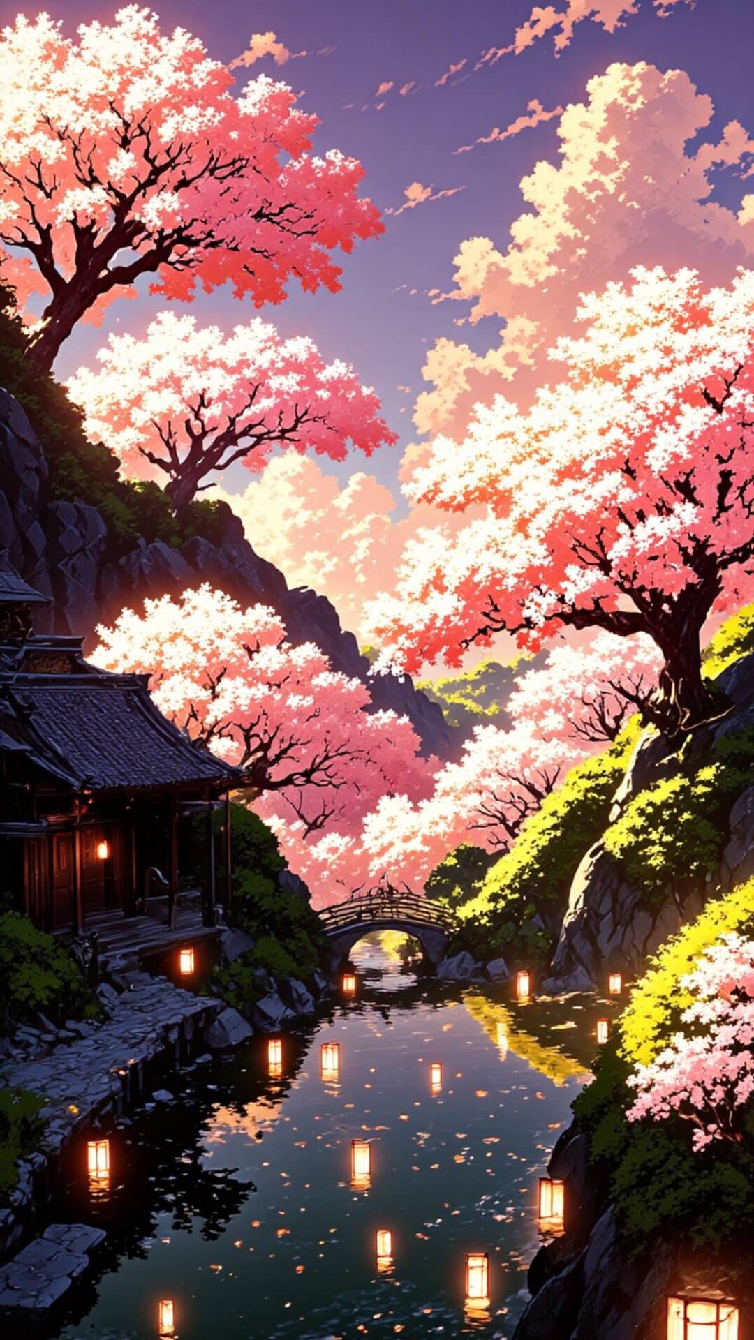 Vibrant anime style illustration of a peaceful Japanese riverside temple scene under blooming cherry blossoms.
