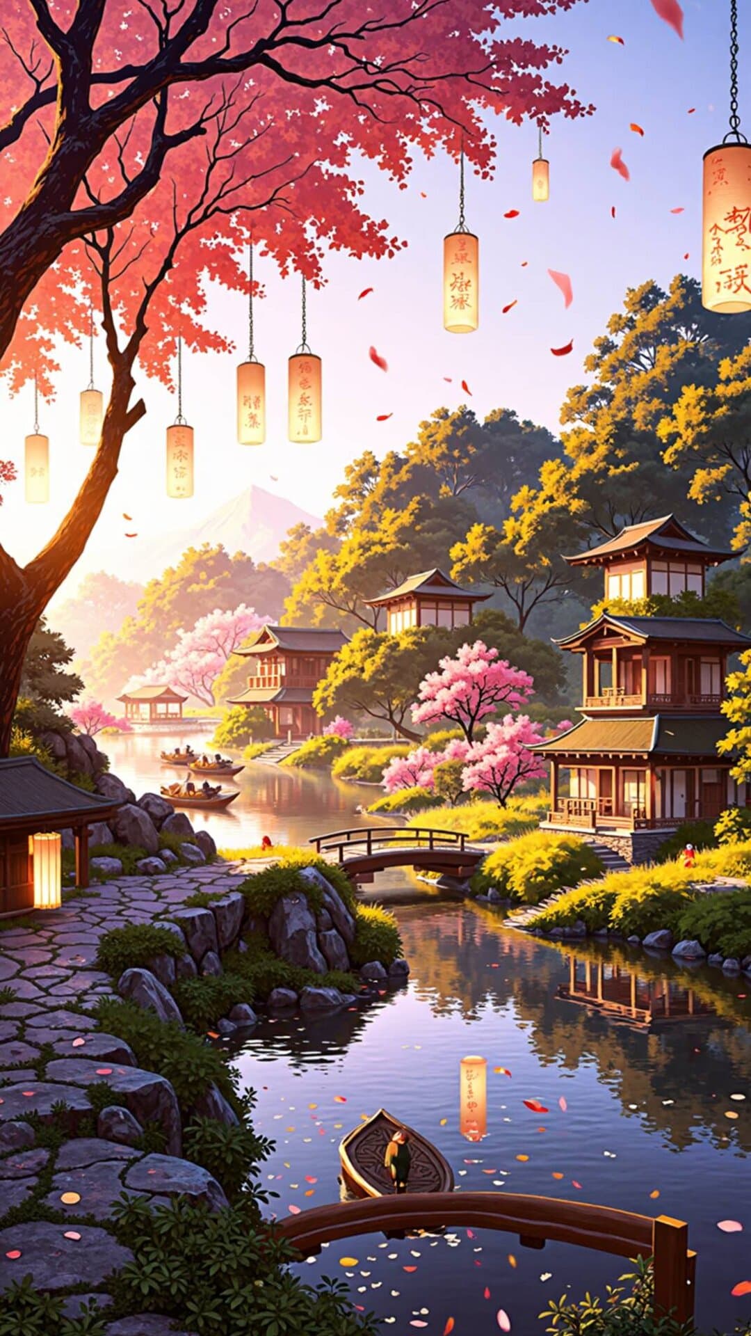 Vibrant, dreamlike cinematic artwork of a traditional Japanese town by a flowing river under cherry blossoms at sunset.