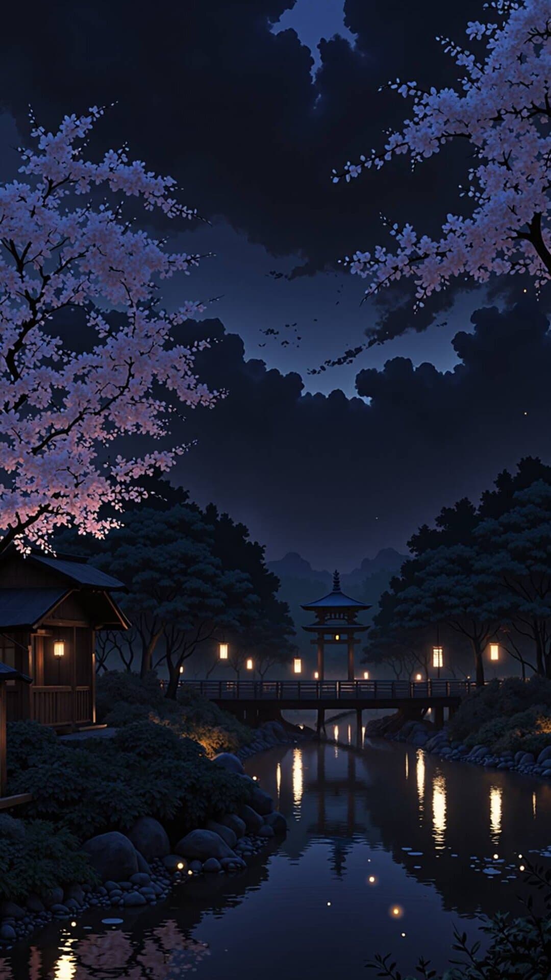 A tranquil Japanese scene featuring blooming cherry blossoms, a wooden bridge, and calm reflective water under a deep twilight sky.
