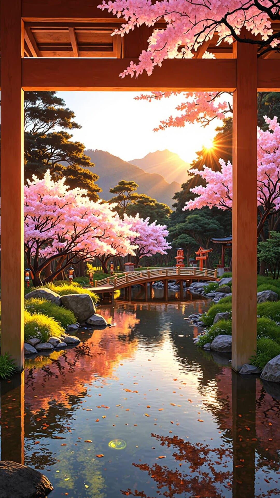 A stunning view of a Japanese temple reflecting cherry blossoms during golden hour.
