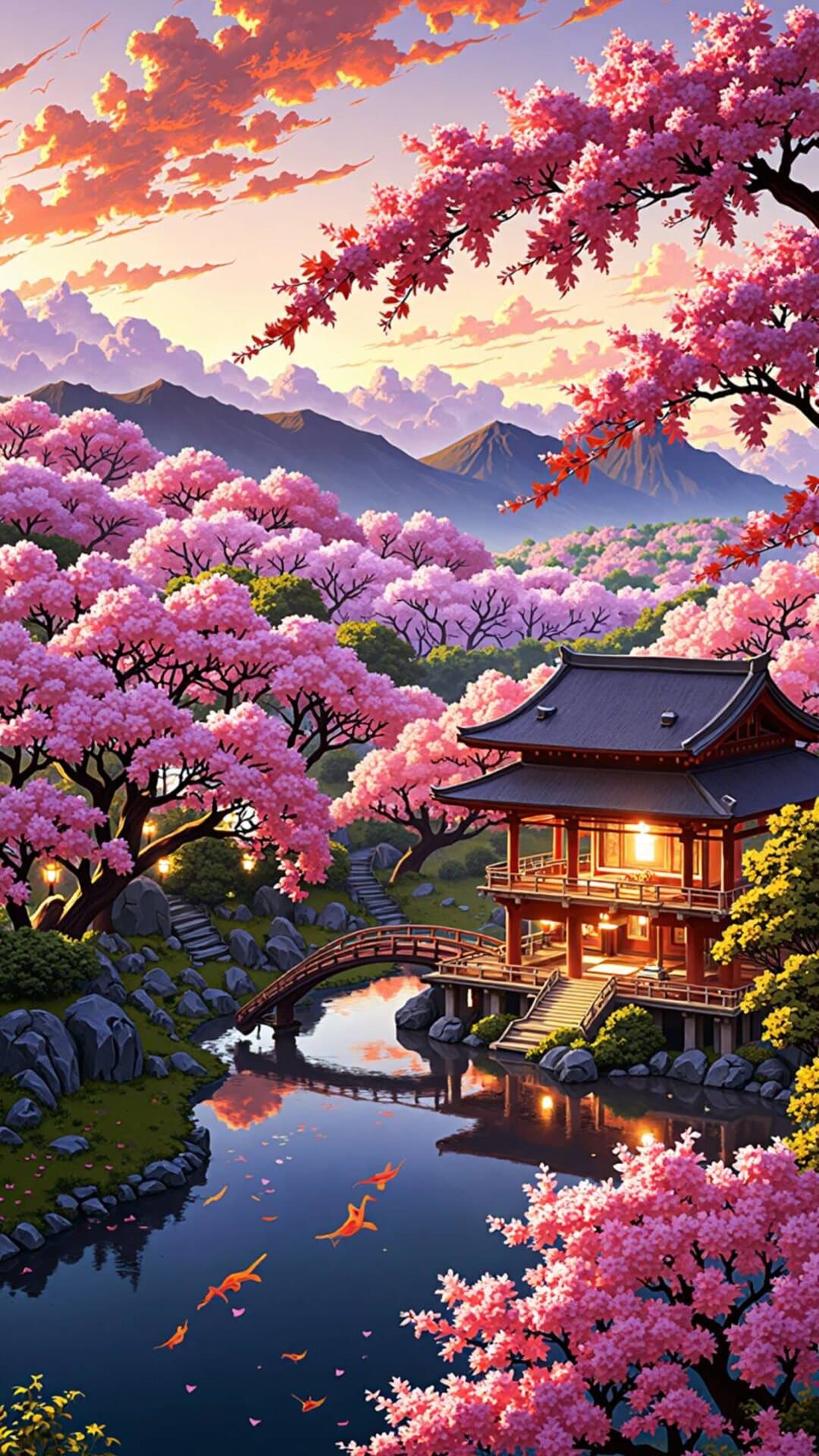 Vibrant Japanese temple complex surrounded by intense pink cherry blossoms during golden hour.