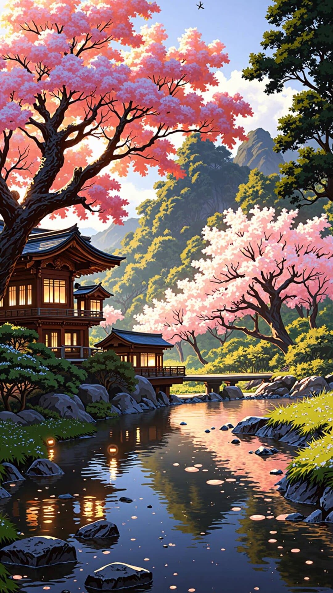 Vibrant, anime-style illustration of a traditional Japanese town by a calm river, set amidst blooming cherry blossom trees.