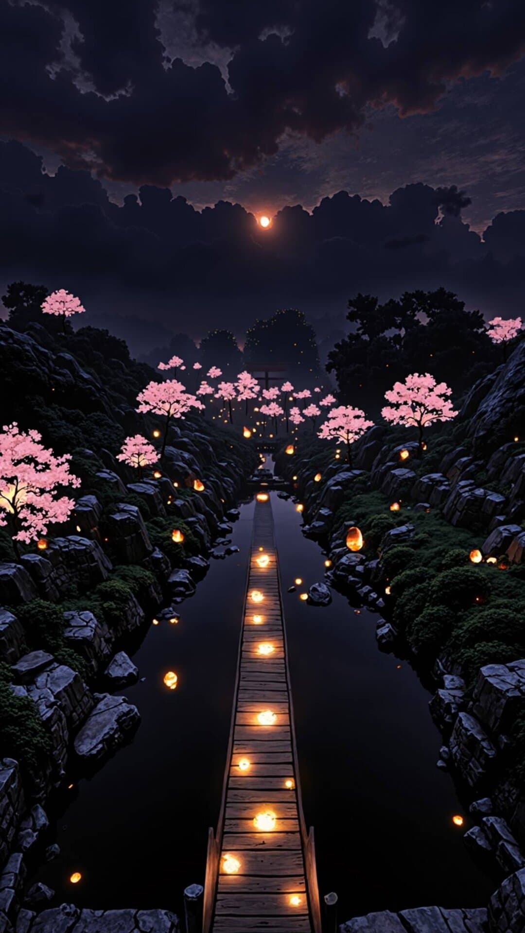 A dramatic, cinematic night scene featuring a floating wooden walkway surrounded by illuminated pink cherry blossoms and lanterns.