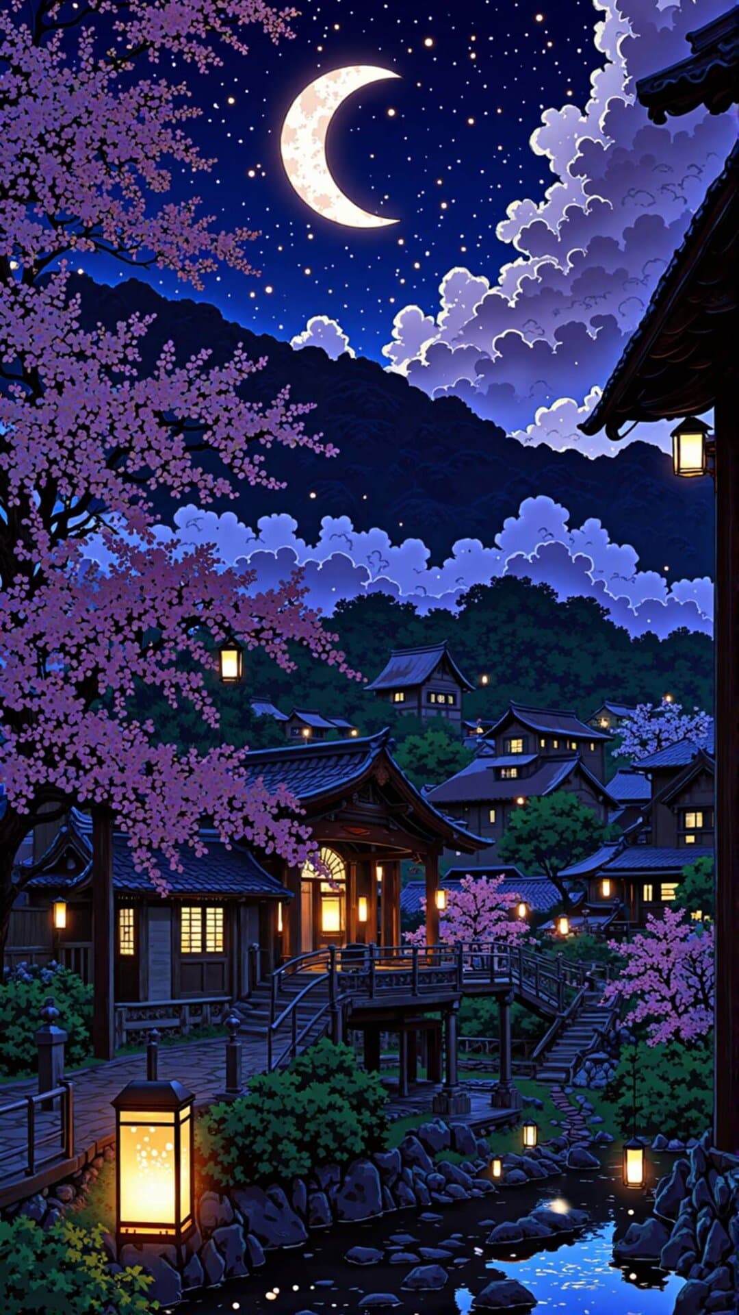 A vivid, anime-style illustration of a Japanese town at night under a large crescent moon and blooming cherry blossoms.