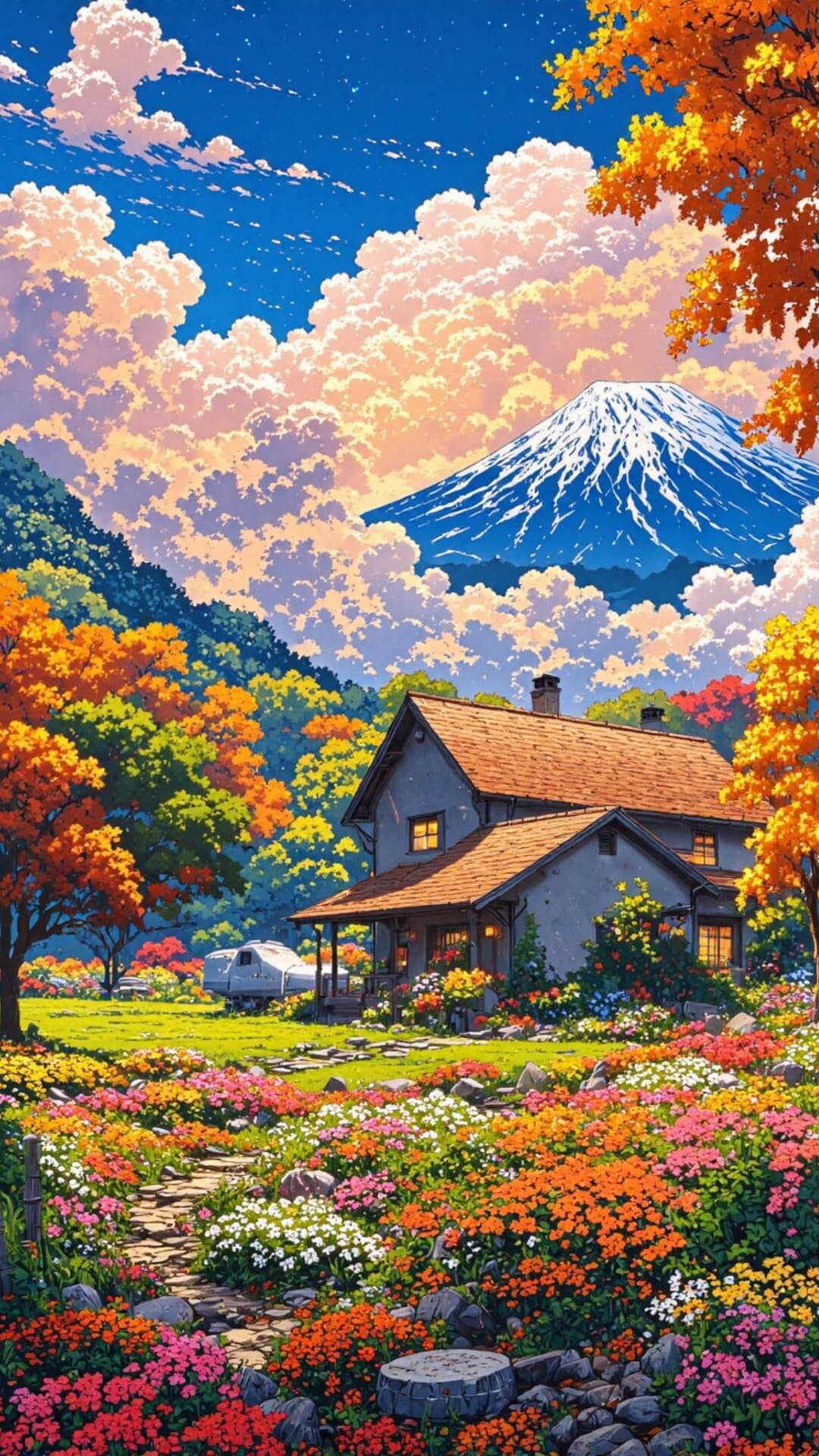 Anime style painting of a cozy house beneath dramatic cherry blossoms and Mount Fuji under a brilliant blue sky.