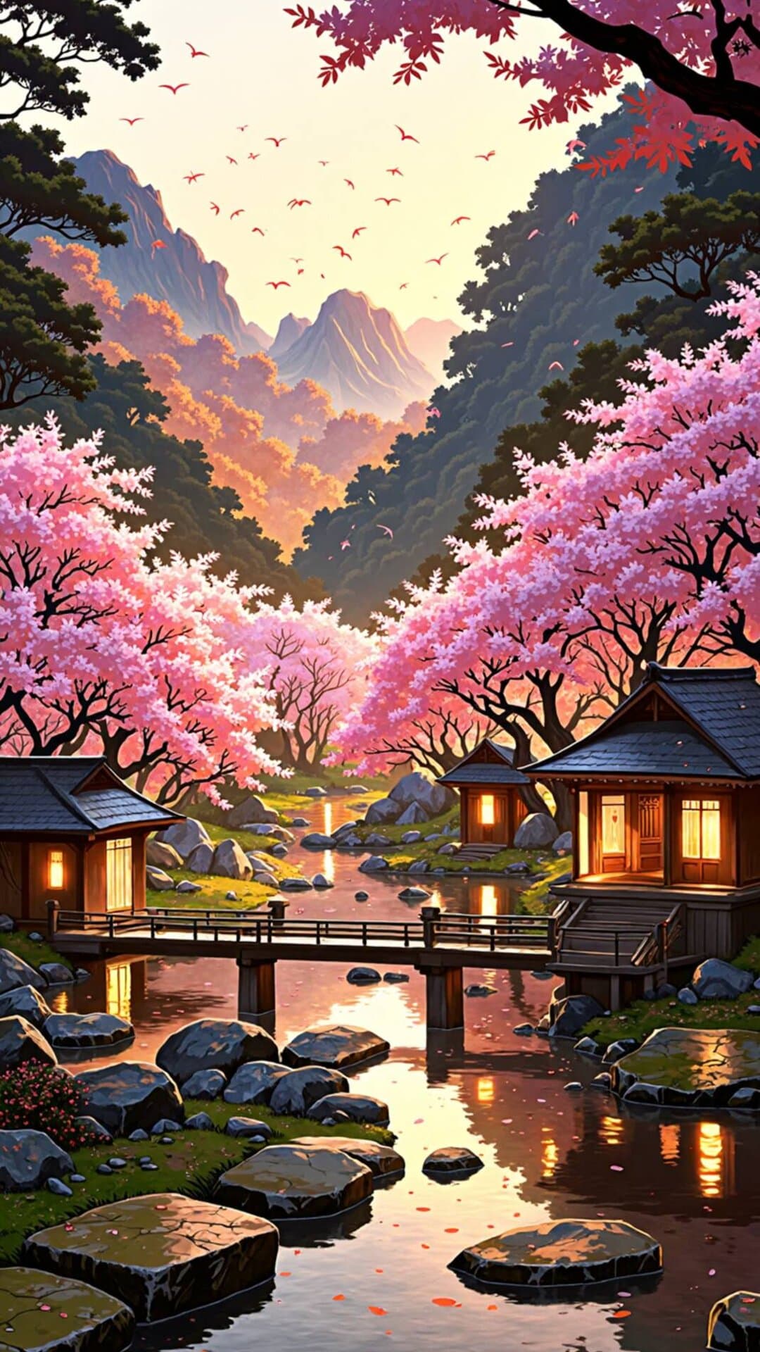 A breathtaking, cinematic Japanese village scene framed by lush pink cherry blossoms and dramatic mountains.