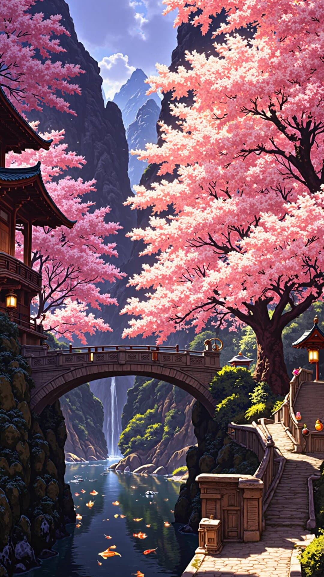A breathtaking, cinematic fantasy scene of pink cherry blossoms framing a waterfall cascading into a serene river.