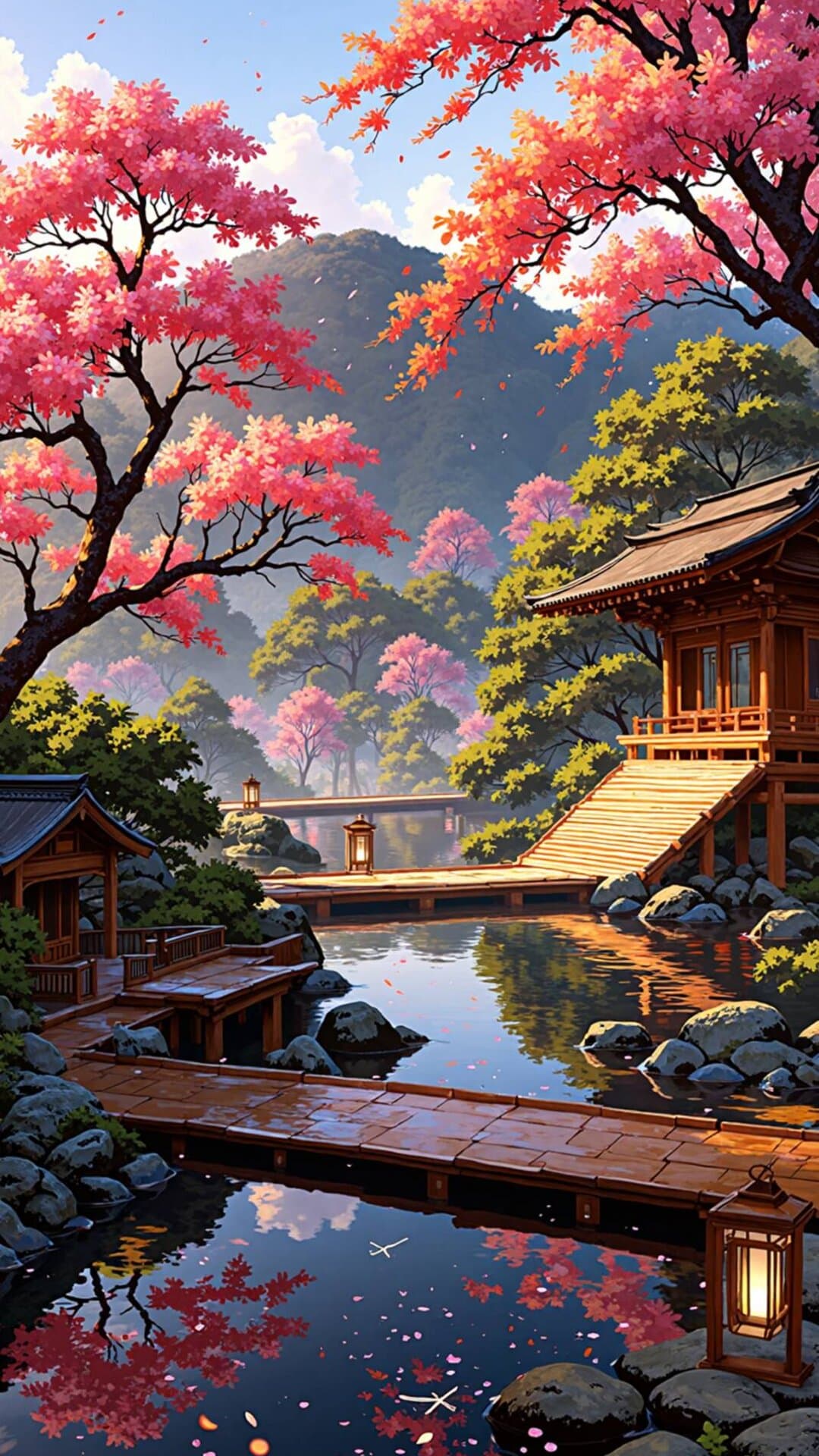 Vibrant illustration of a serene Japanese pagoda in full spring bloom, featuring weeping cherry blossoms and tranquil water.