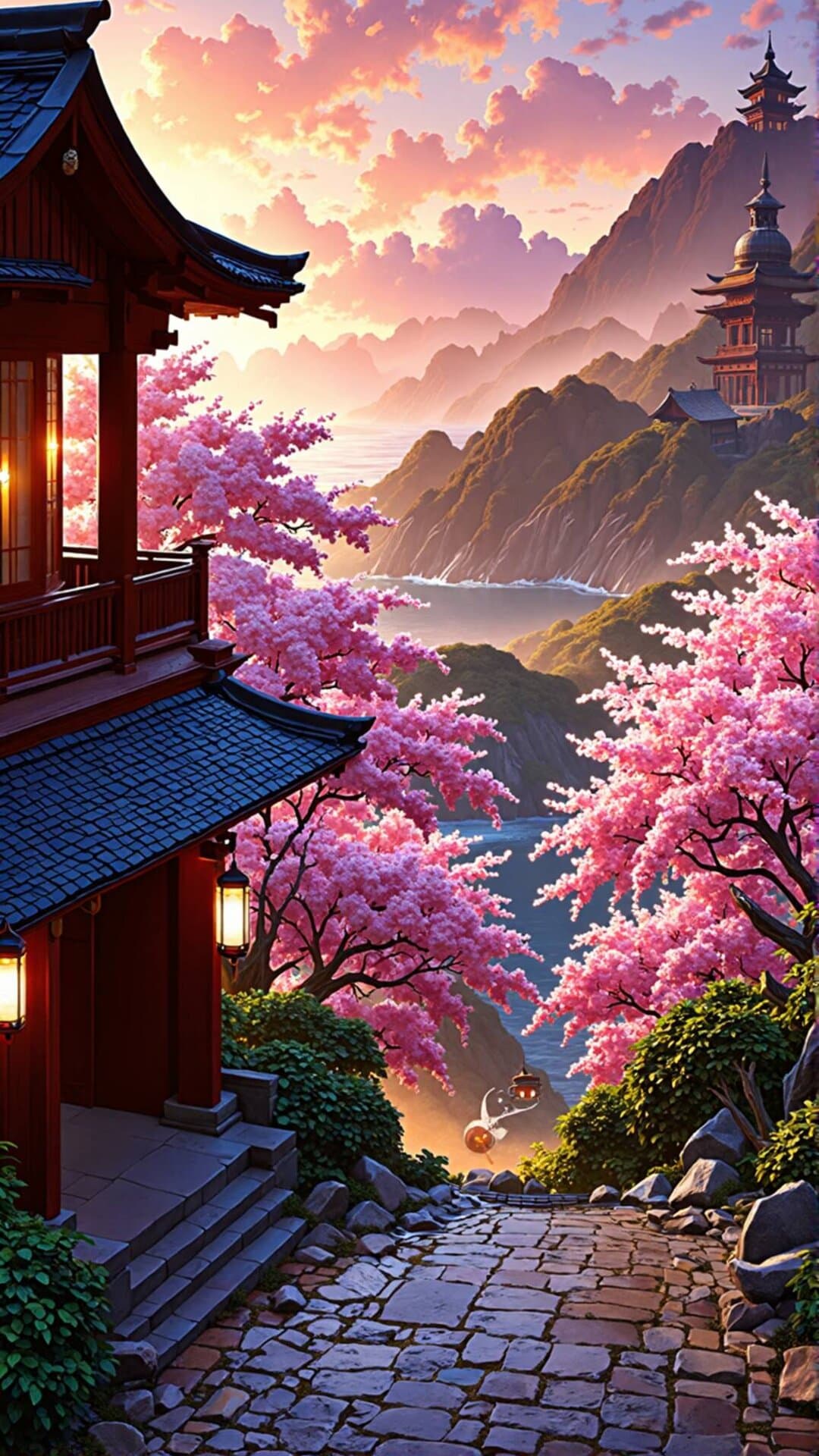 A stunning anime-style view of a traditional Japanese pagoda overlooking a mountain range in full bloom during golden hour.