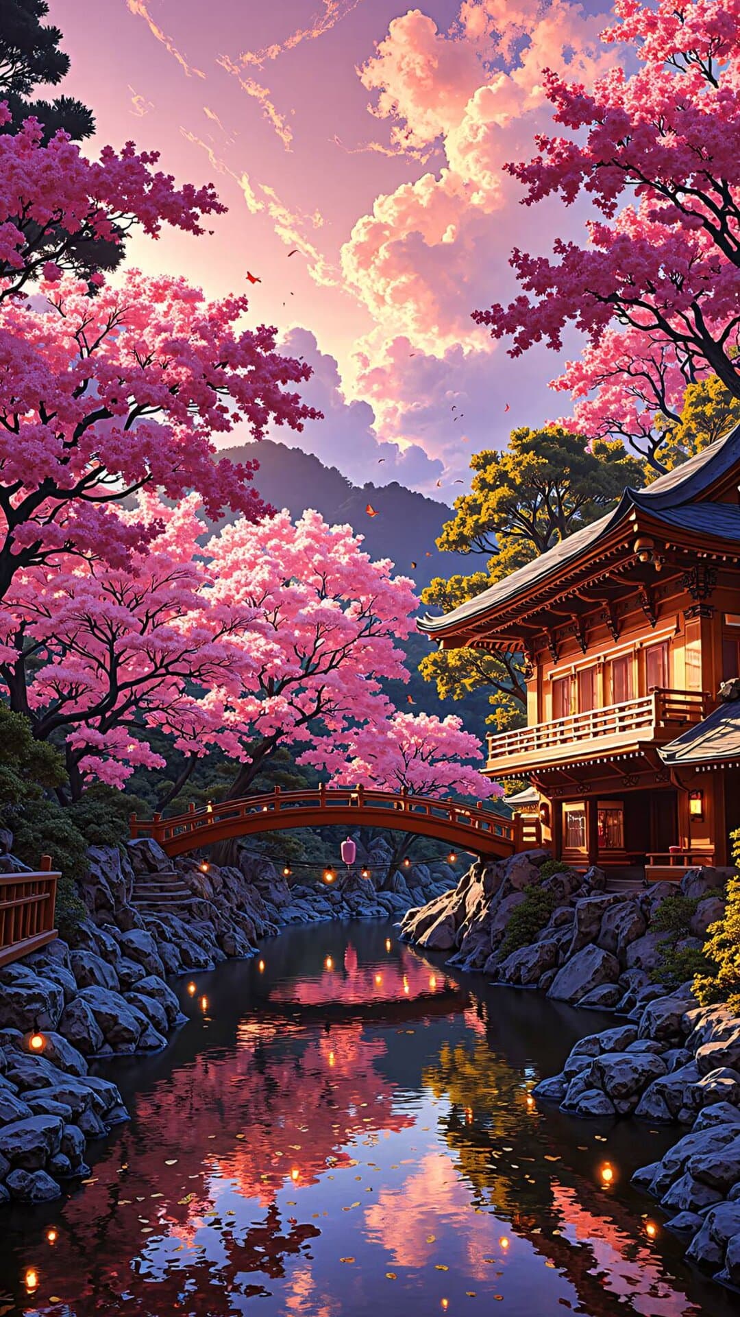 Vibrant Japanese spring scene with blooming cherry trees, a traditional temple, and a reflective stream under a dramatic, pastel sky.