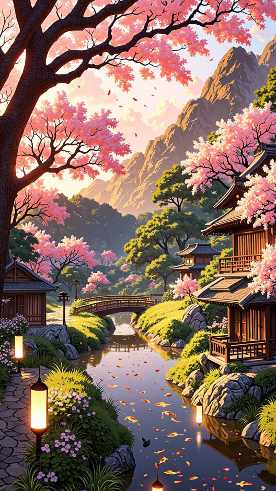 Vibrant illustration of a traditional Japanese village nestled by a river, bathed in the soft glow of pink cherry blossoms.
