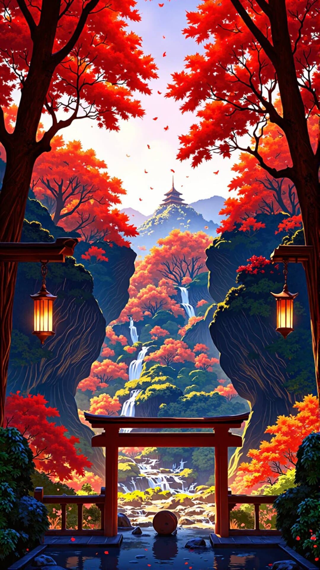 Vibrant Japanese shrine framing a breathtaking waterfall cascading through autumnal mountains and cherry-blossom trees.