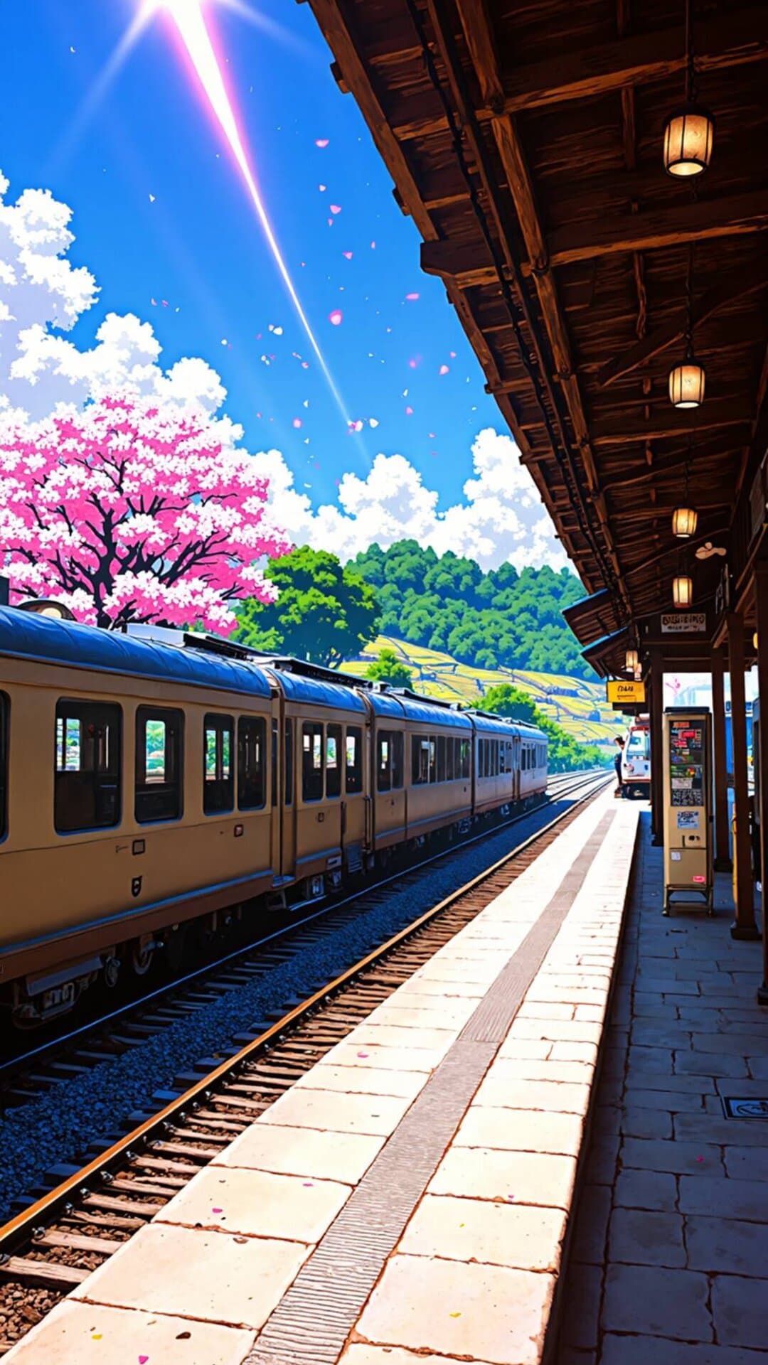 Vibrant, anime-style train passing under a covered station, framed by cherry blossoms and bright blue sky.