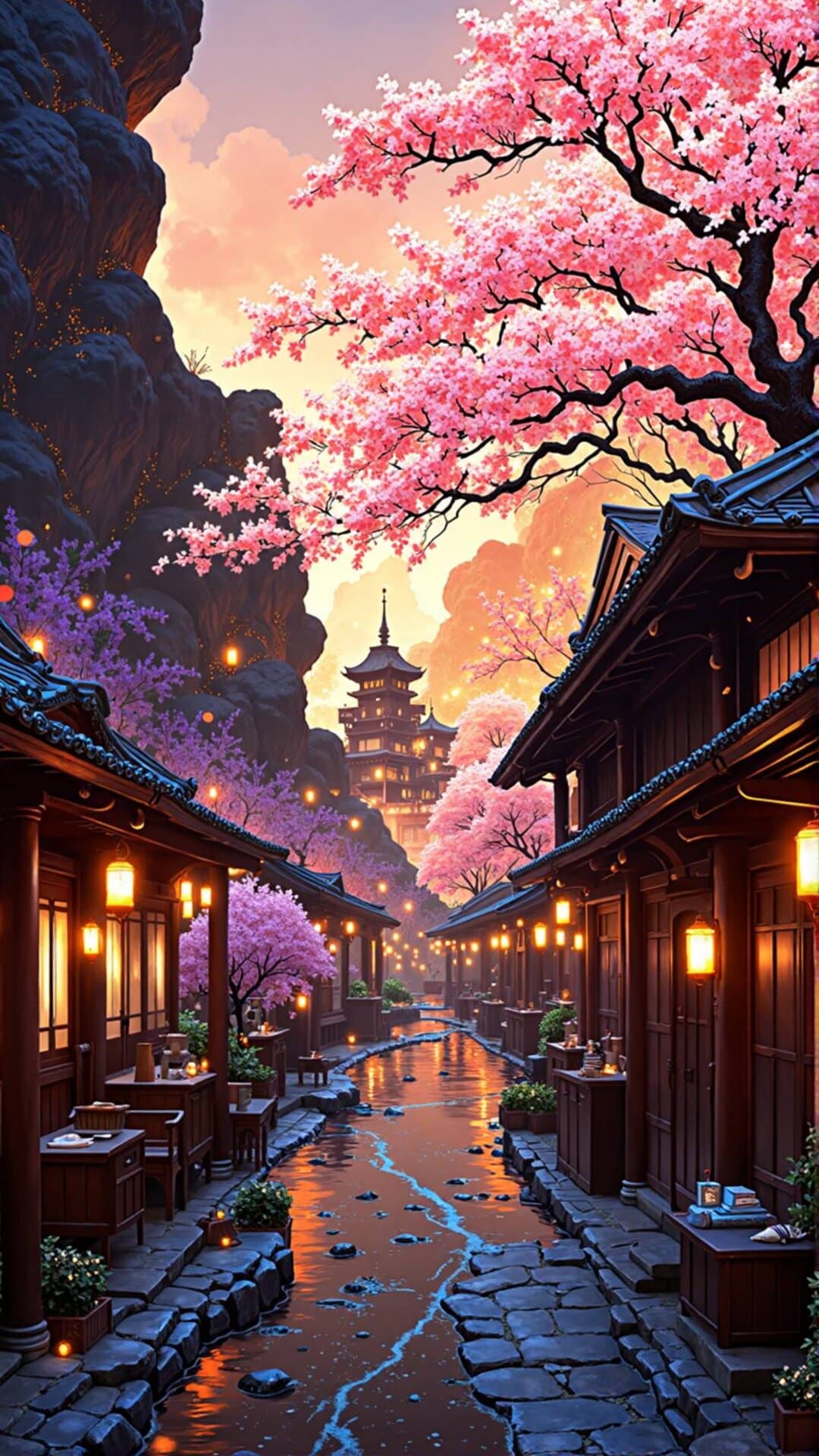 A vibrant, cinematic streetscape featuring traditional Japanese architecture, covered in blooming cherry blossoms under a warm, glowing sky.