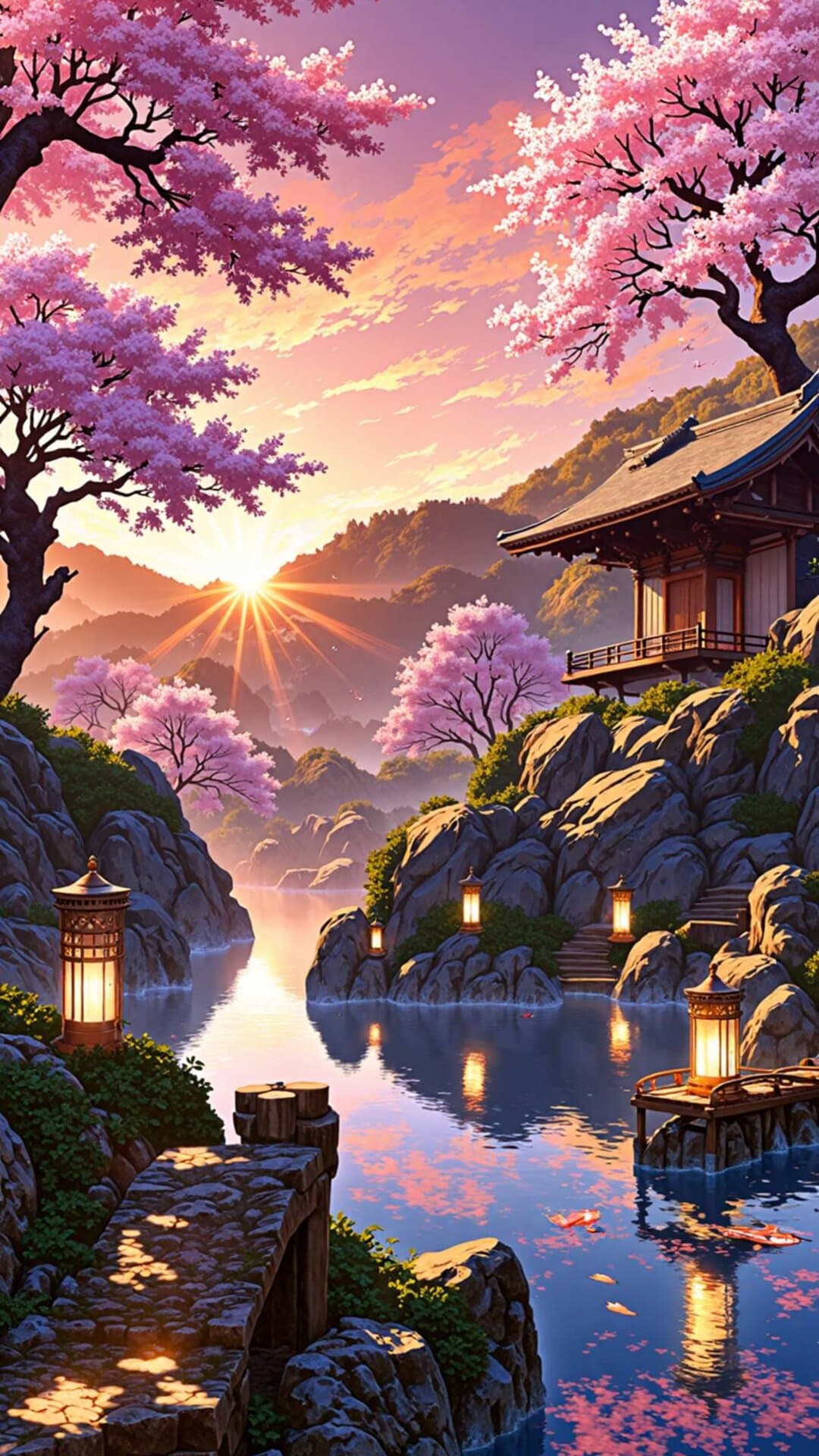 A vibrant, dreamy illustration of a Japanese temple by a lake under pink cherry blossoms and a setting sun.