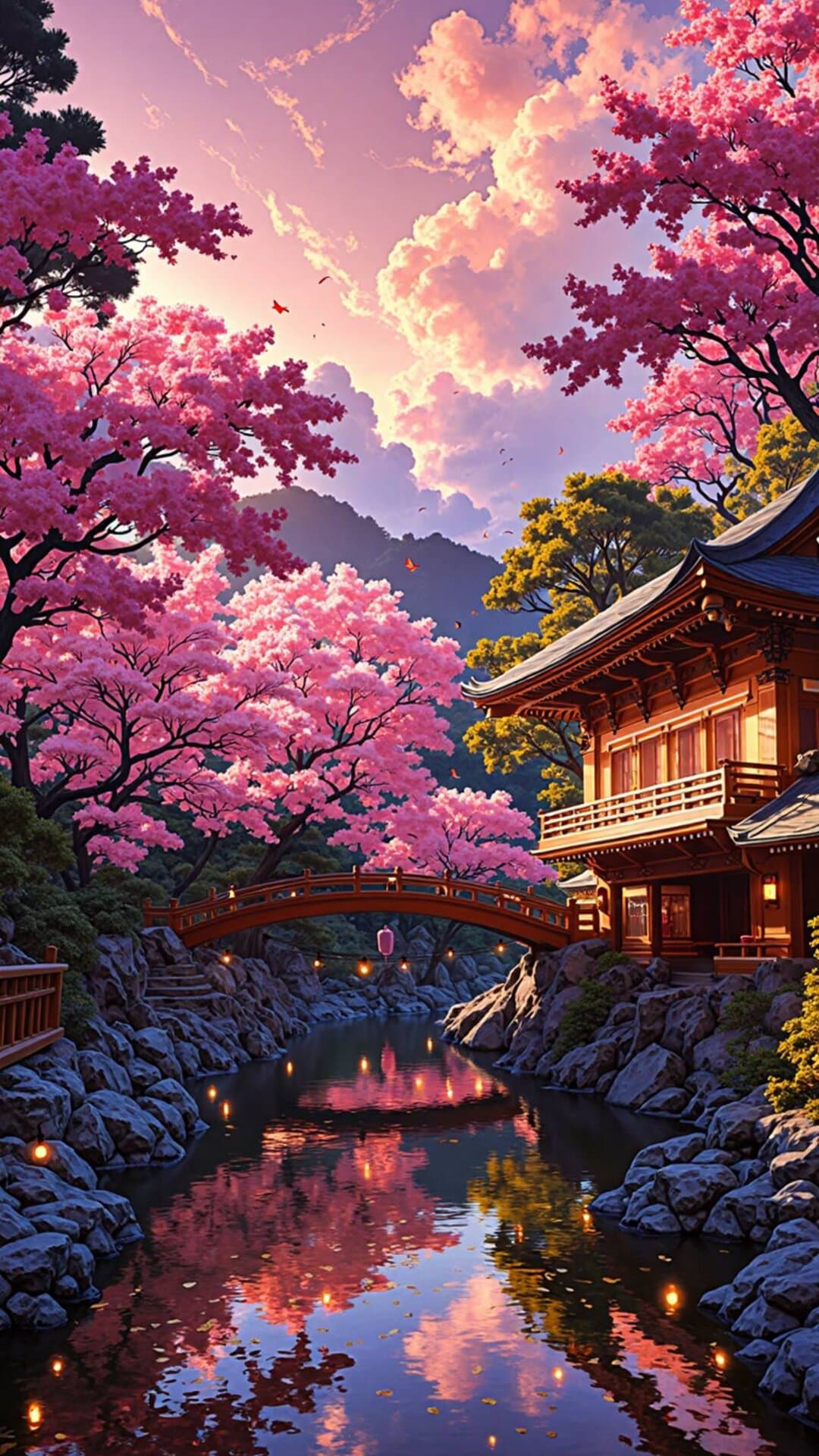Lush, vibrant pink cherry blossoms frame a traditional pagoda over a canal at sunset.