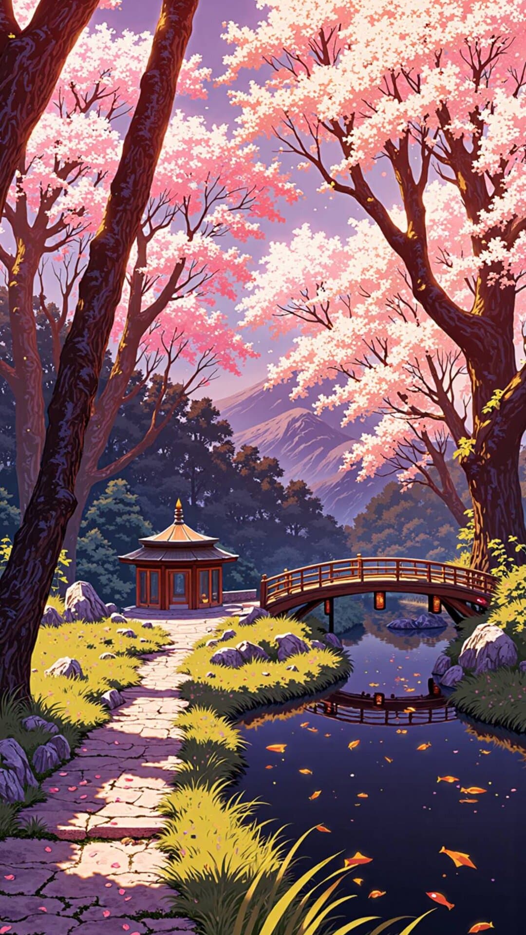 A vibrant, anime-style depiction of a pathway leading past a Japanese temple under heavy pink cherry blossoms and soft sunlight.