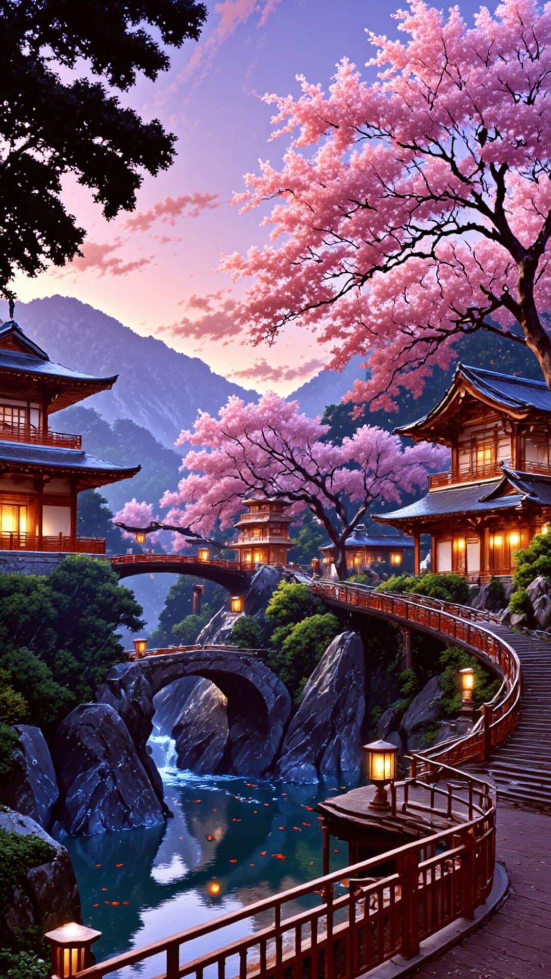 A breathtaking view of traditional Japanese temples set against vibrant pink cherry blossoms under a serene sunset sky.
