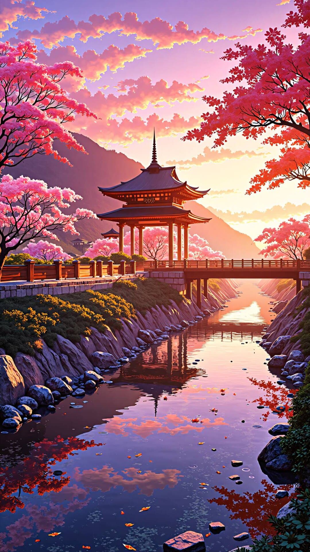 A vibrant, cinematic scene of a Japanese temple and cherry blossoms over a reflective river at sunset.