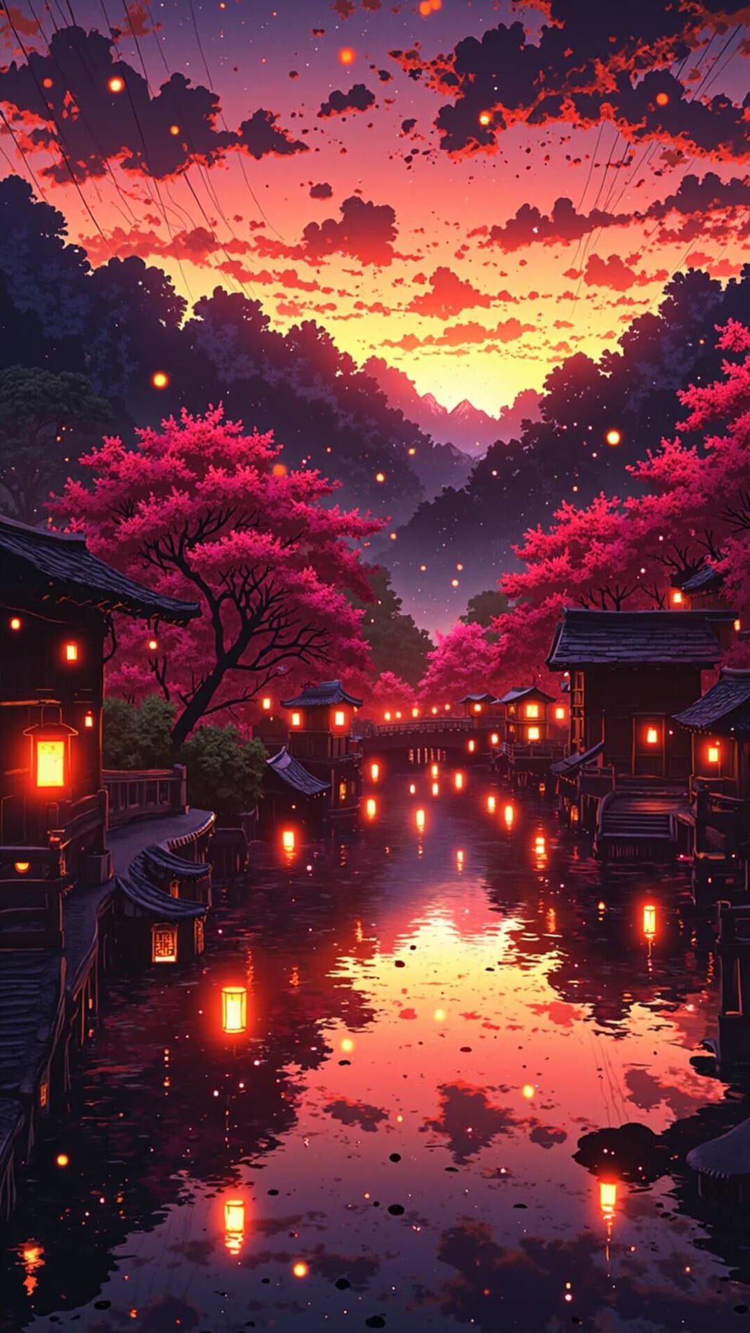 Vibrant illustration of traditional Japanese temples and pink cherry blossoms reflecting in tranquil water during a dramatic sunset.