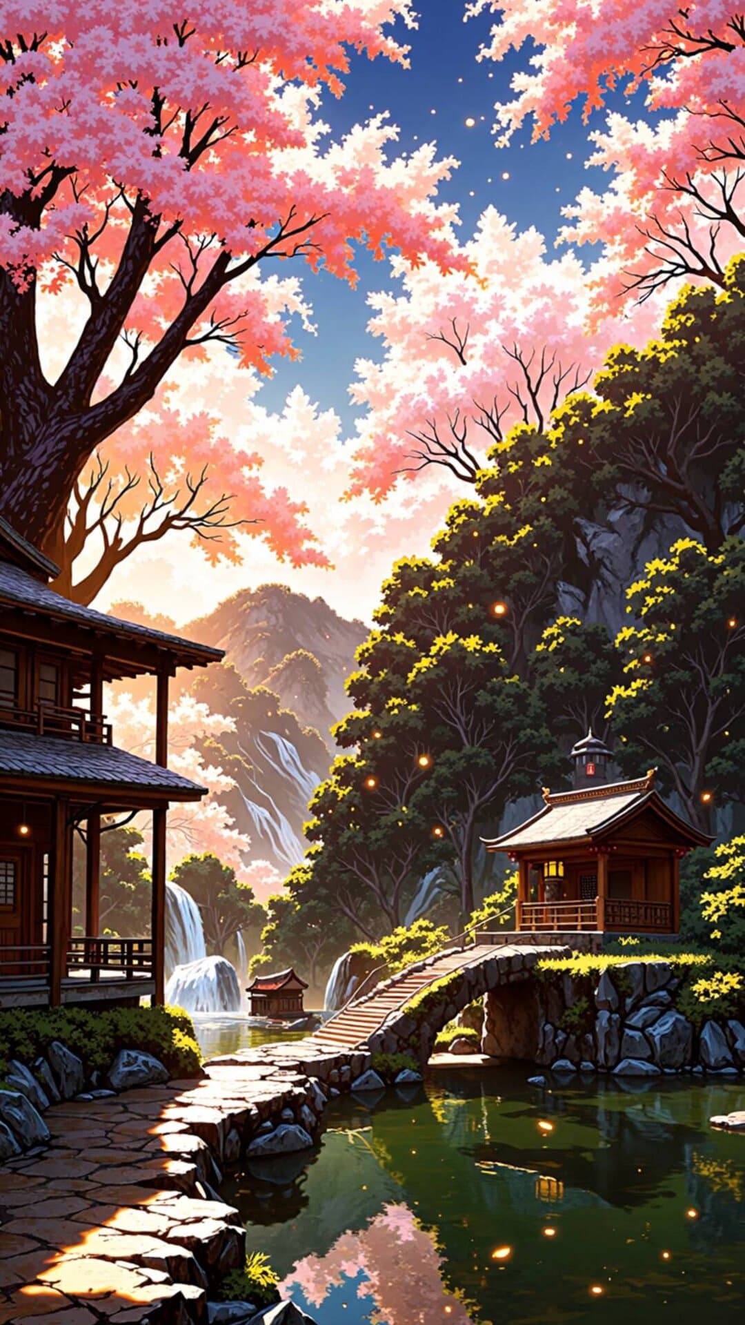 A vibrant anime-style scene of a traditional Japanese temple set in lush cherry blossoms and misty mountains.