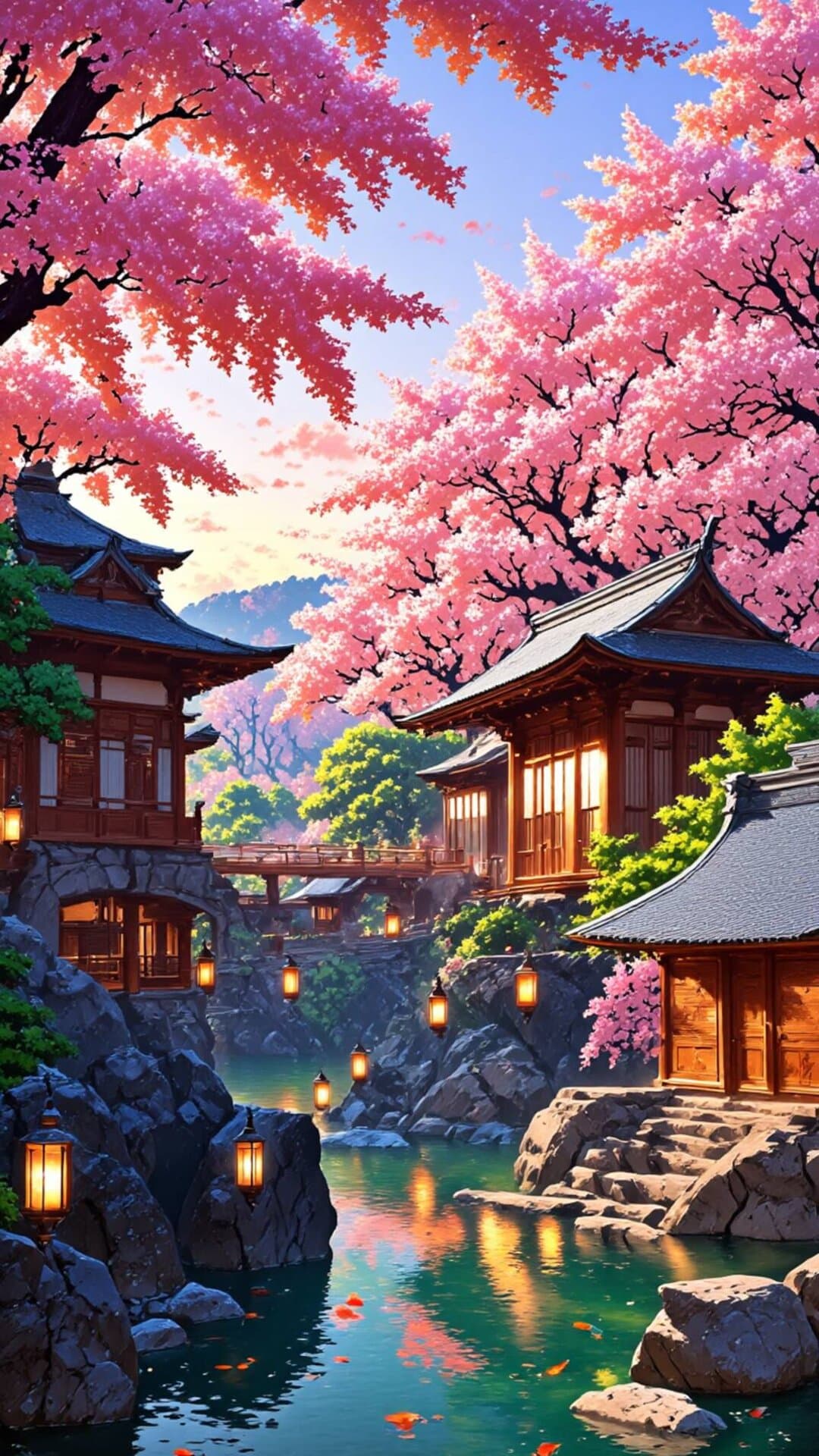 Vibrant, detailed illustration of traditional Asian temples set against blooming cherry blossoms by a serene waterway.