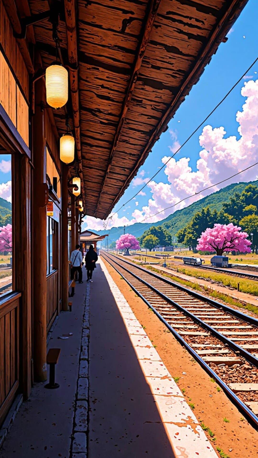 A sunny, cinematic streetscape of a train platform under a wooden canopy, lined with pink cherry blossoms.