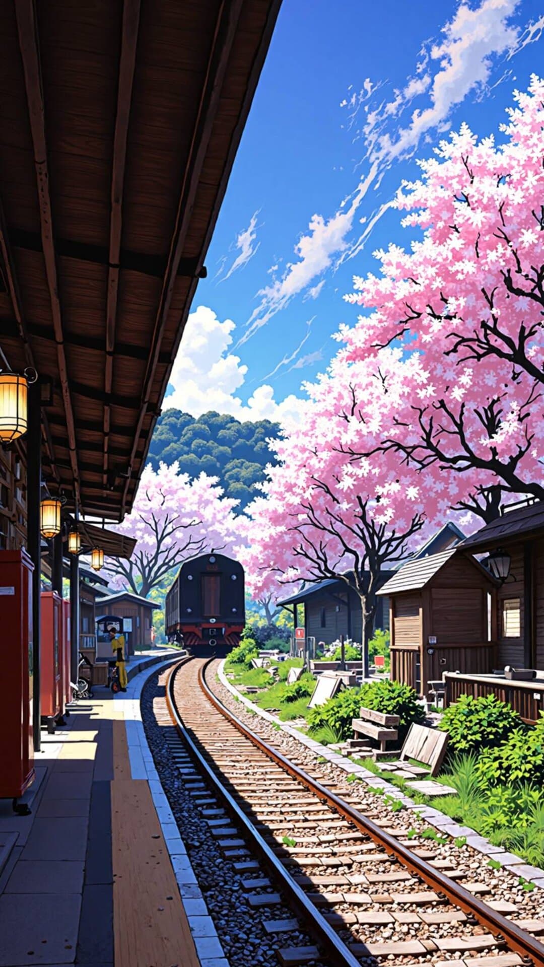 A train pulls through a vibrant spring station lined with cherry blossoms under clear blue skies. Highly detailed, cinematic, and nostalgic.