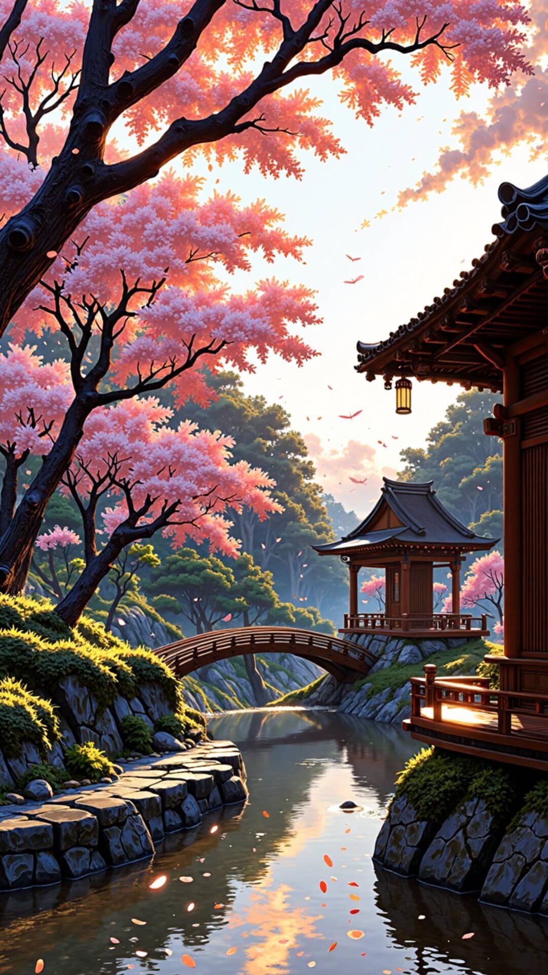 A vibrant anime-style depiction of a spring day with cherry blossoms over a reflective canal in a traditional Japanese setting.