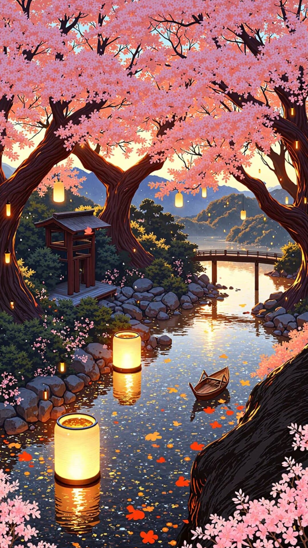 A vibrant, dreamy Japanese scene of cherry blossoms over a serene river at dusk, embodying peaceful beauty.