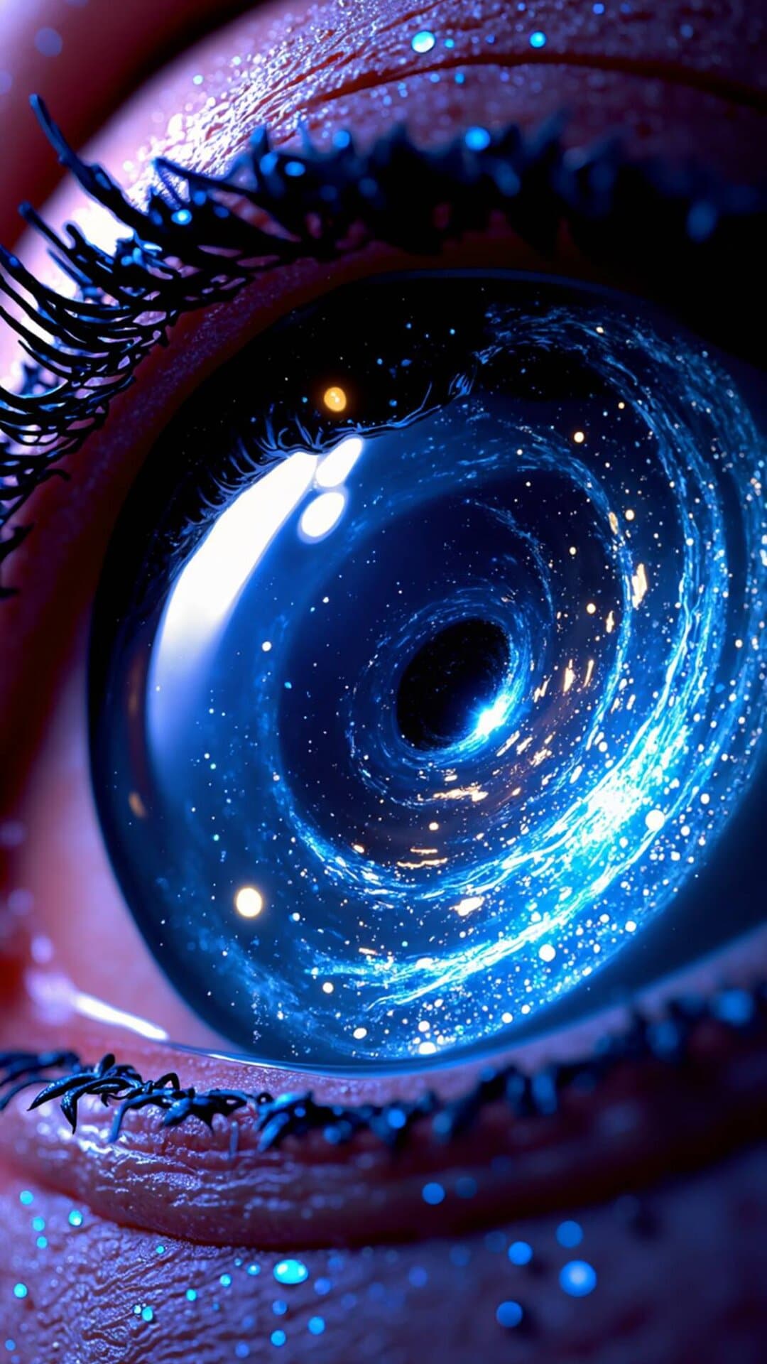 Hyperrealistic macro shot of an iris transforming into a luminous, deep-space galaxy portal, evoking cosmic wonder and infinite possibility.