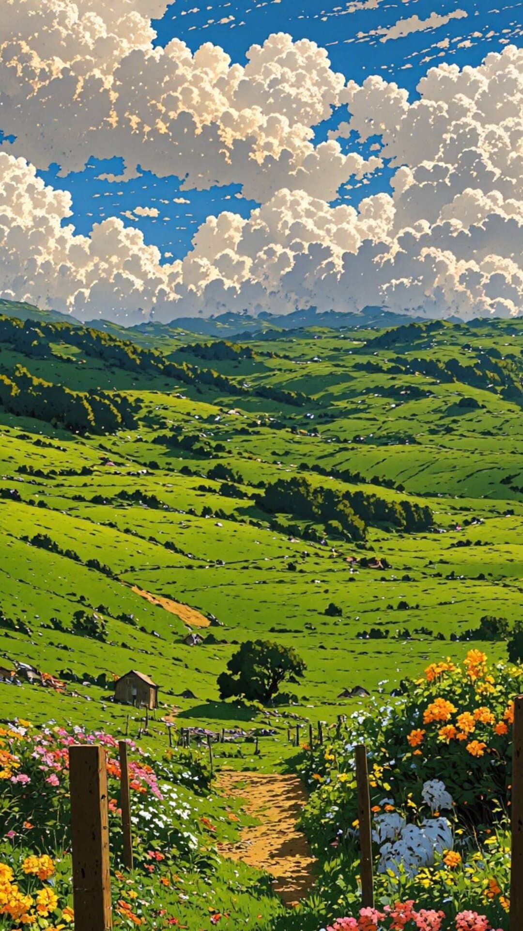 Vibrant pastoral scene of rolling green hills under a dramatic, cloud-filled blue sky.