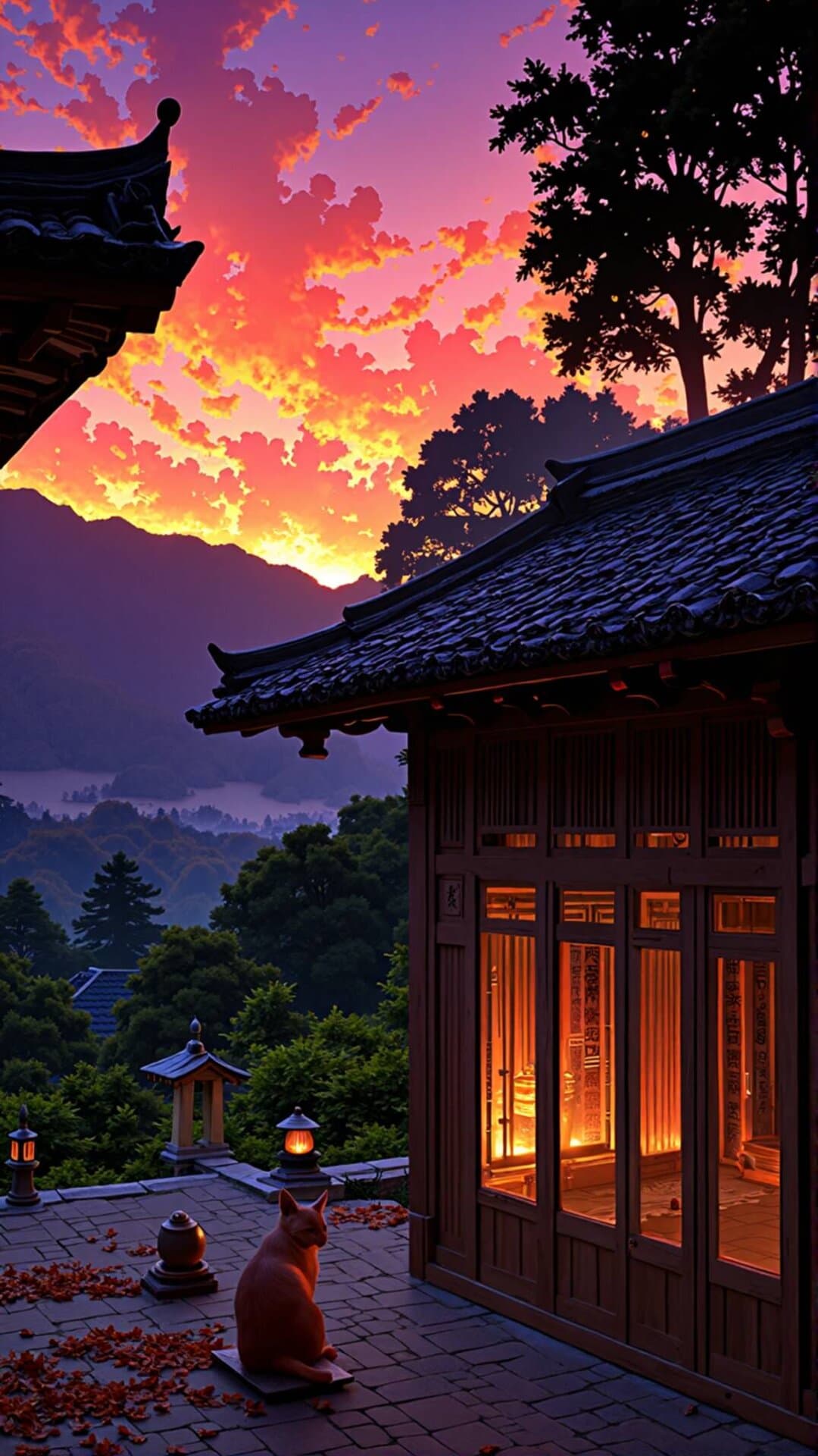 An atmospheric view of a traditional Asian pavilion bathed in vibrant sunset colors, with a ginger cat resting on the roof.