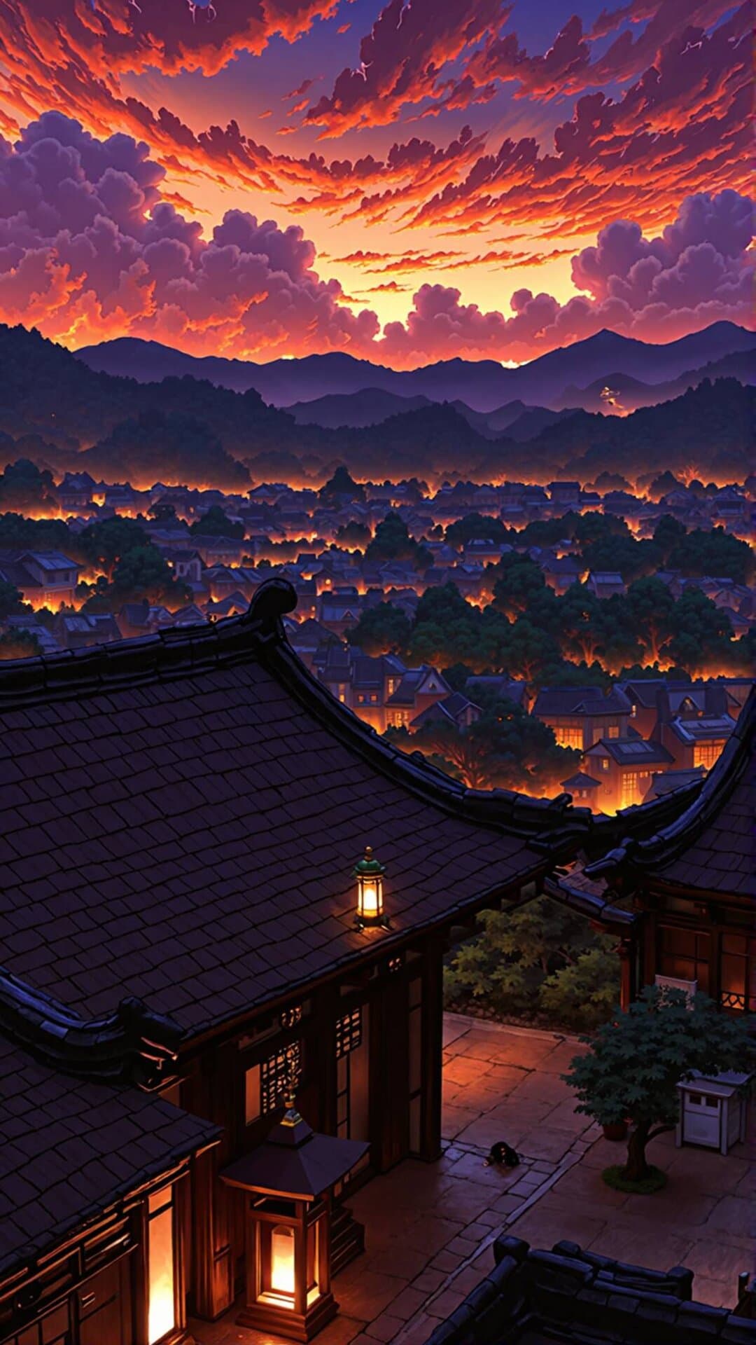 A majestic view over a sprawling, illuminated city beneath a vivid, cloud-streaked sunset sky.