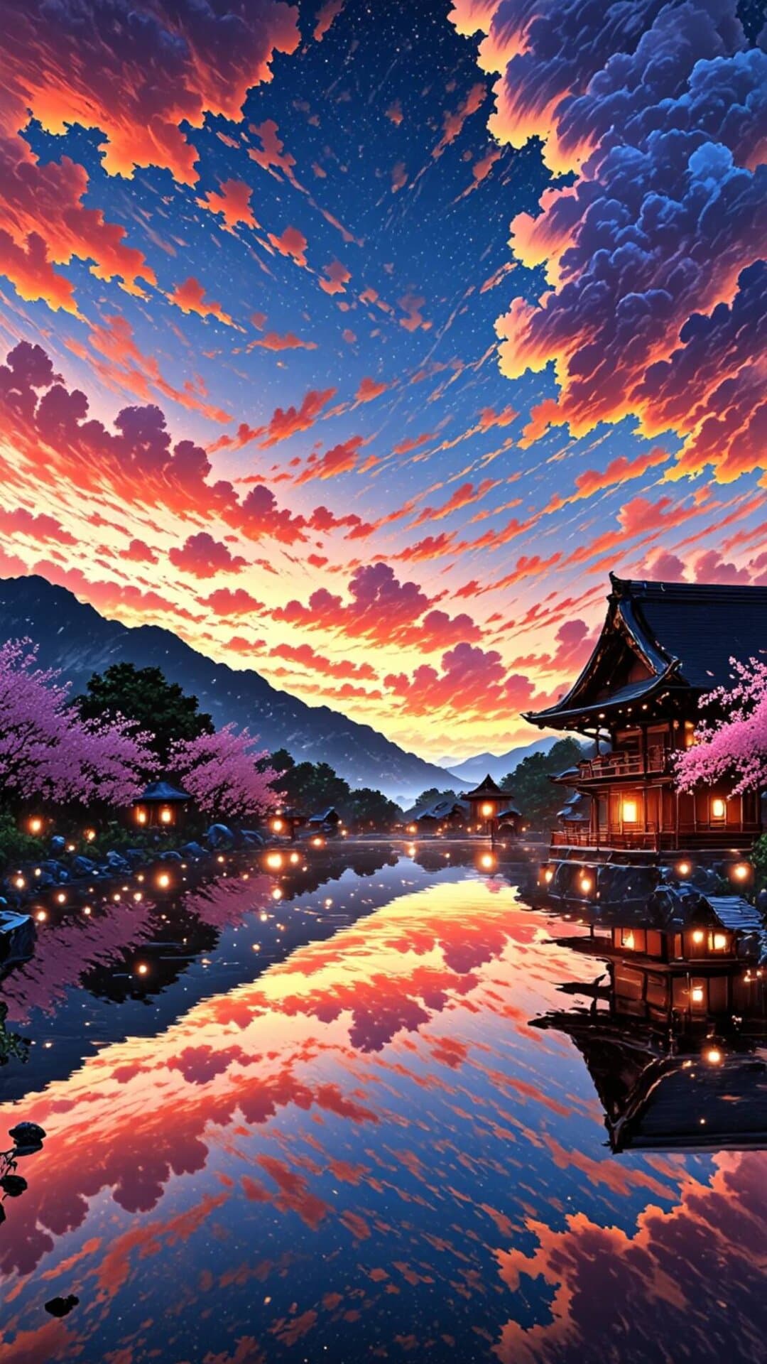 Vibrant Japanese architecture reflected in tranquil water under a spectacular, richly colored sunset sky.