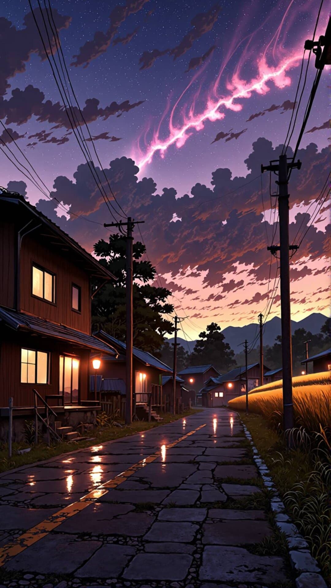 A cinematic streetscape with warm, glowing houses under a vibrant, pink and purple sunset sky.