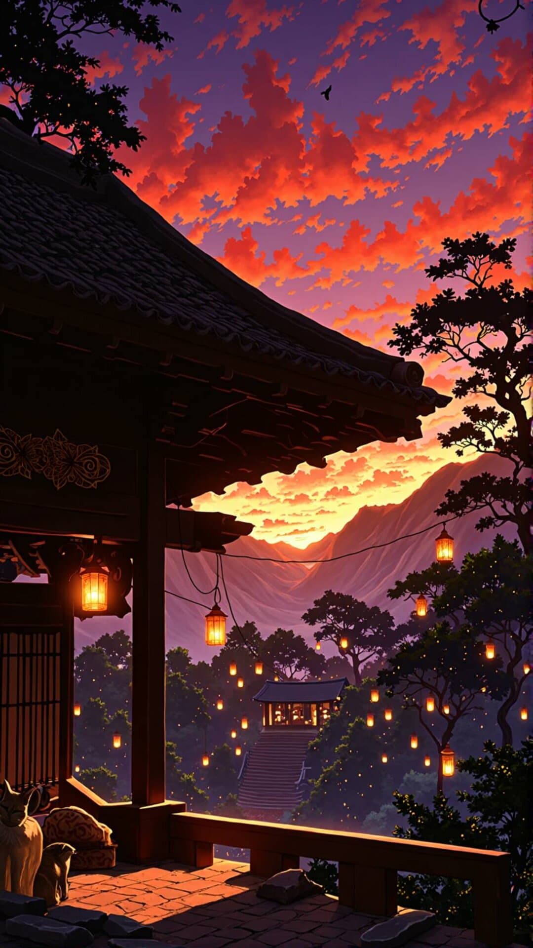 A beautiful scene of a traditional Asian temple at sunset, featuring vibrant red and orange clouds, lush greenery, and warm lanterns. Dreamlike, cinematic, and serene.
