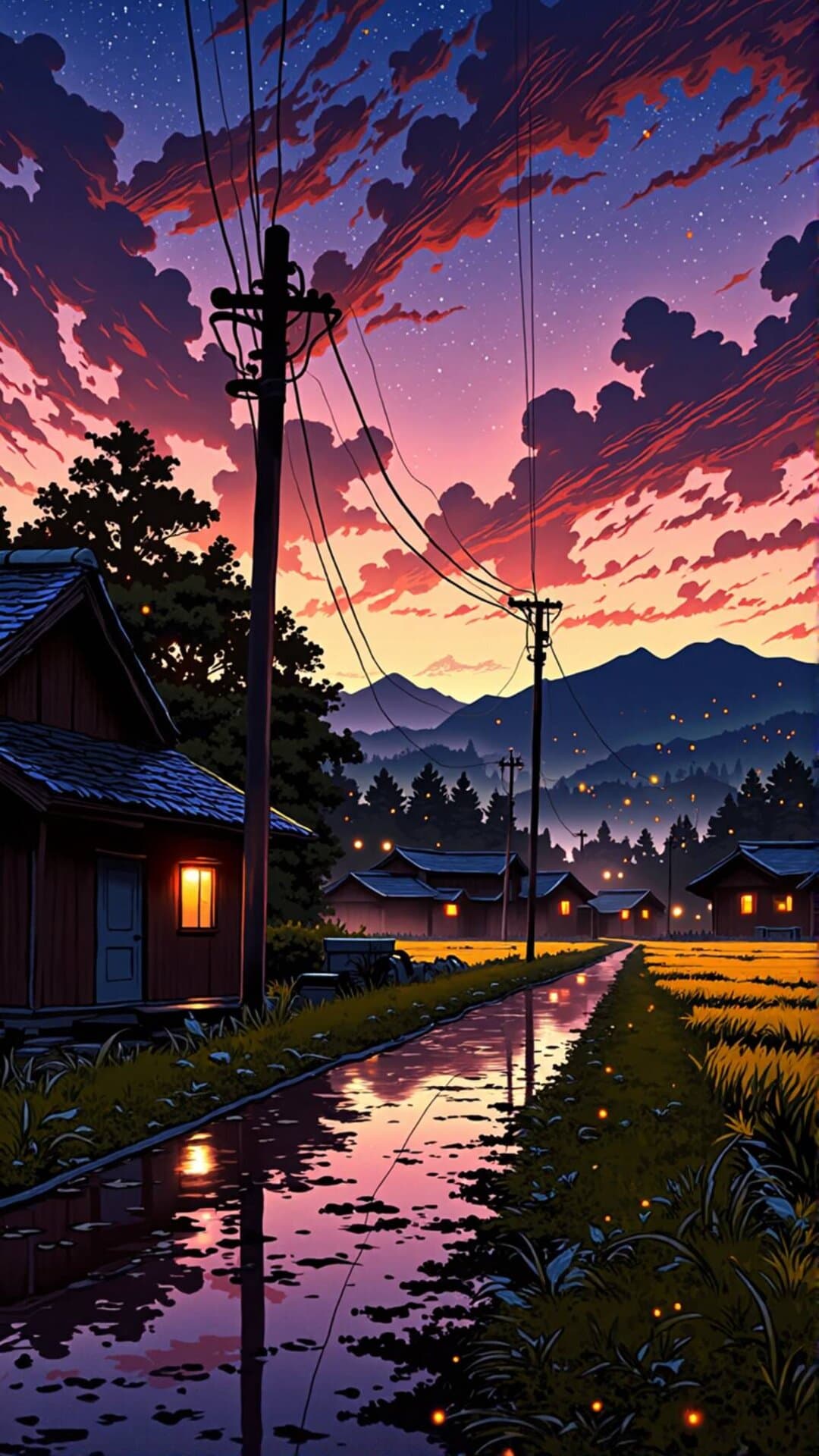 Vibrant anime-style sunset over a quiet village street, reflecting in wet ground.