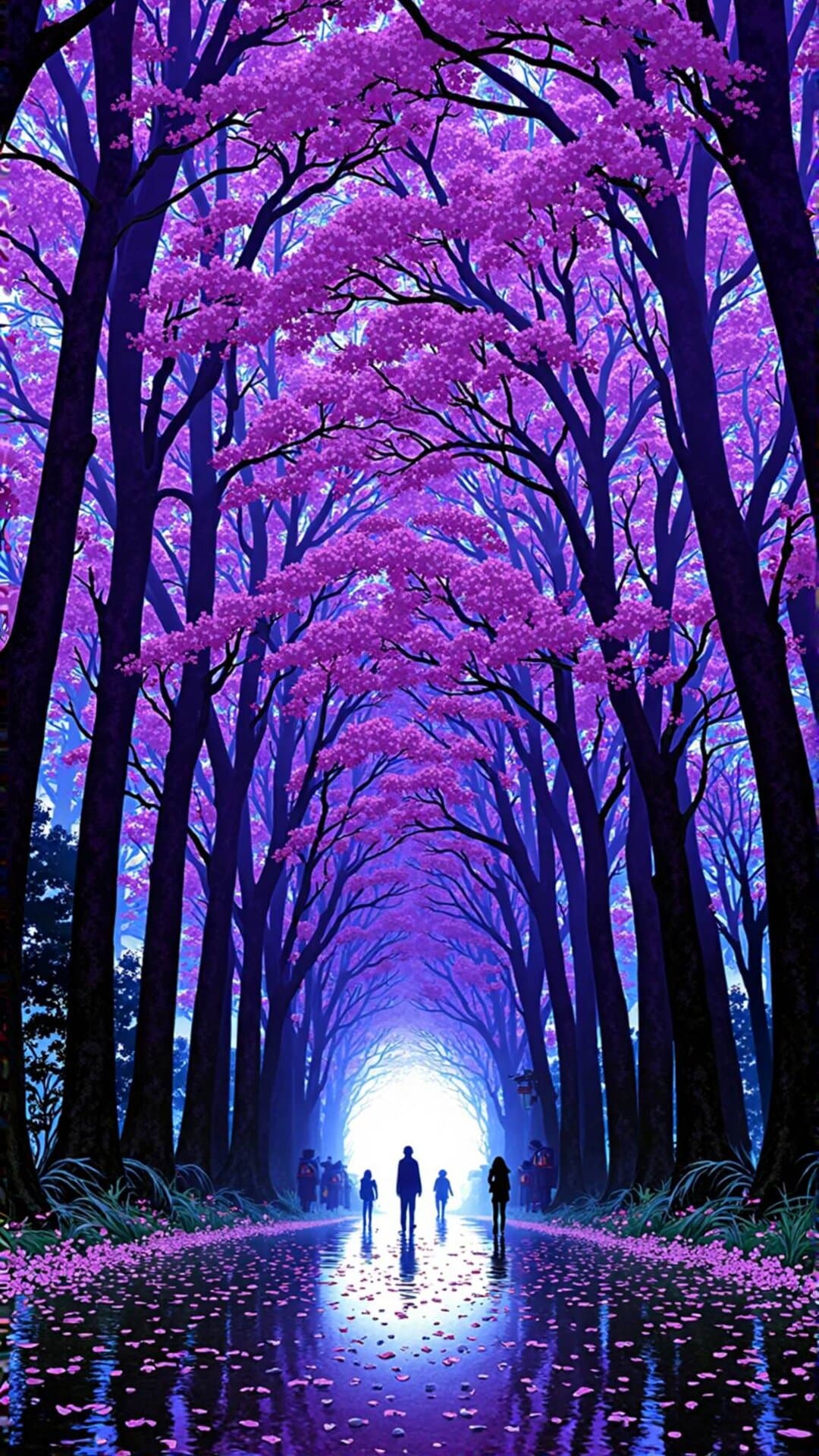 A vibrant, dramatic dreamscape of a cherry blossom avenue bathed in ethereal light, suggesting mystery and peace.